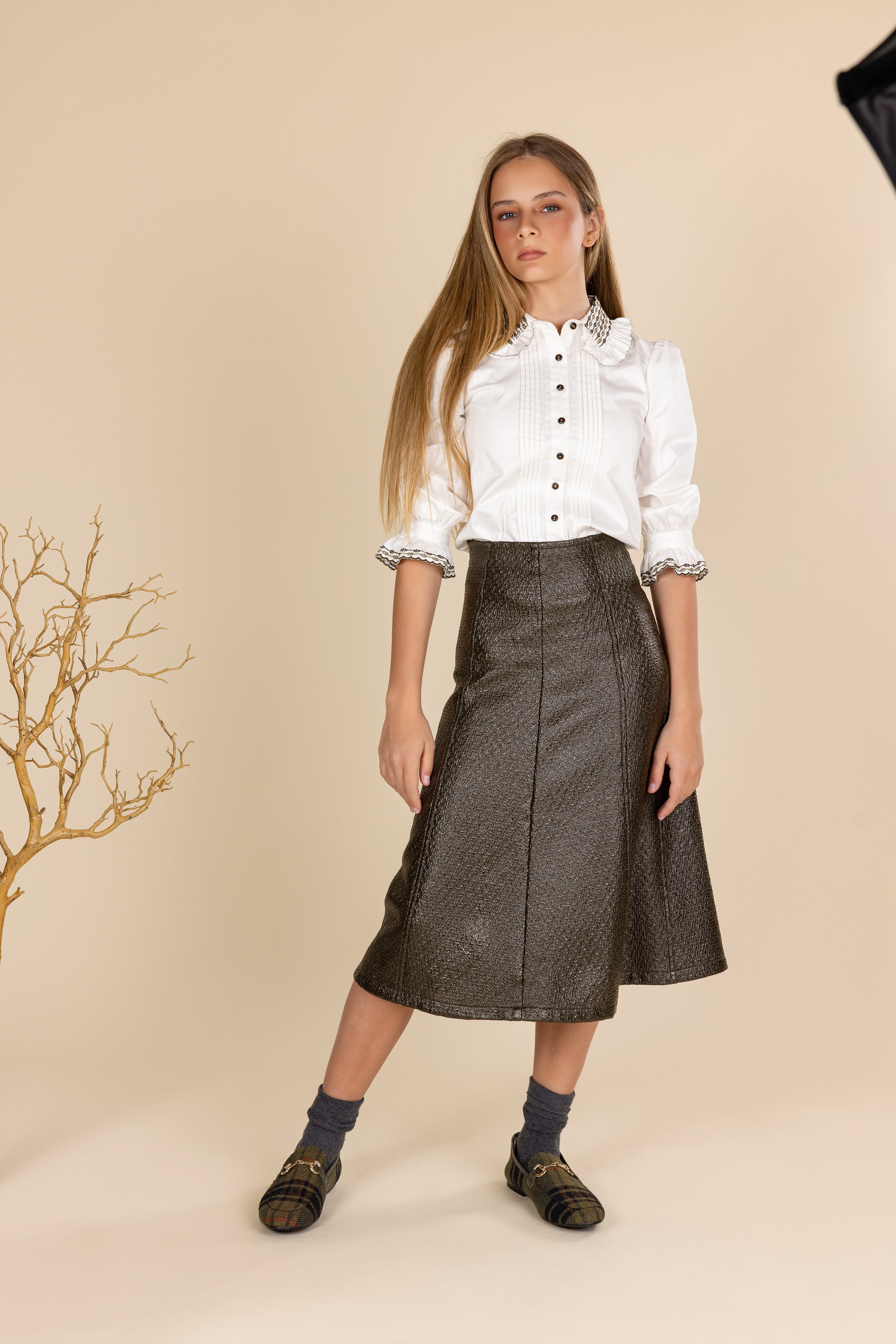 Pike Paneled Textured Leather Midi Skirt