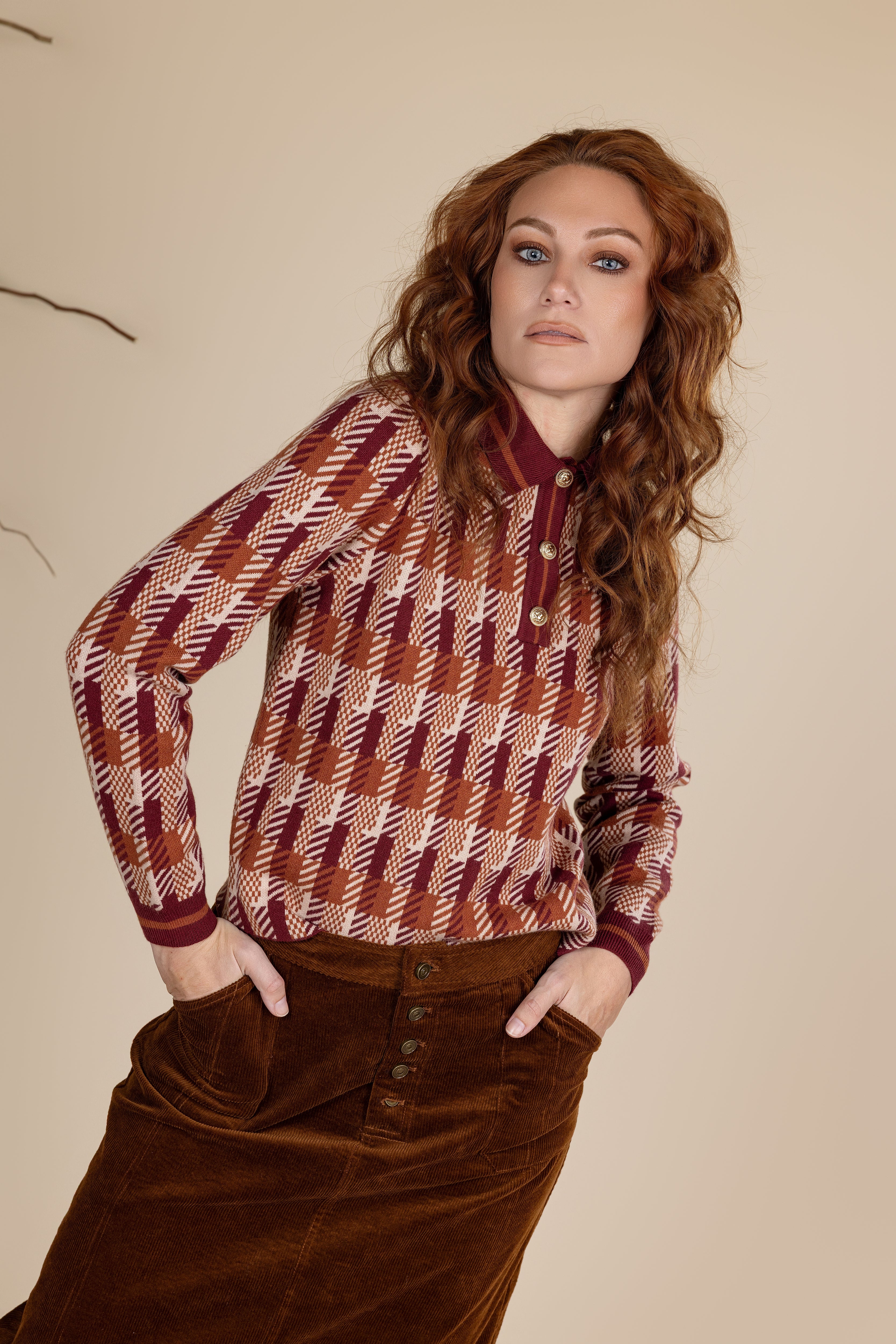 Knit Plaid Polo Top