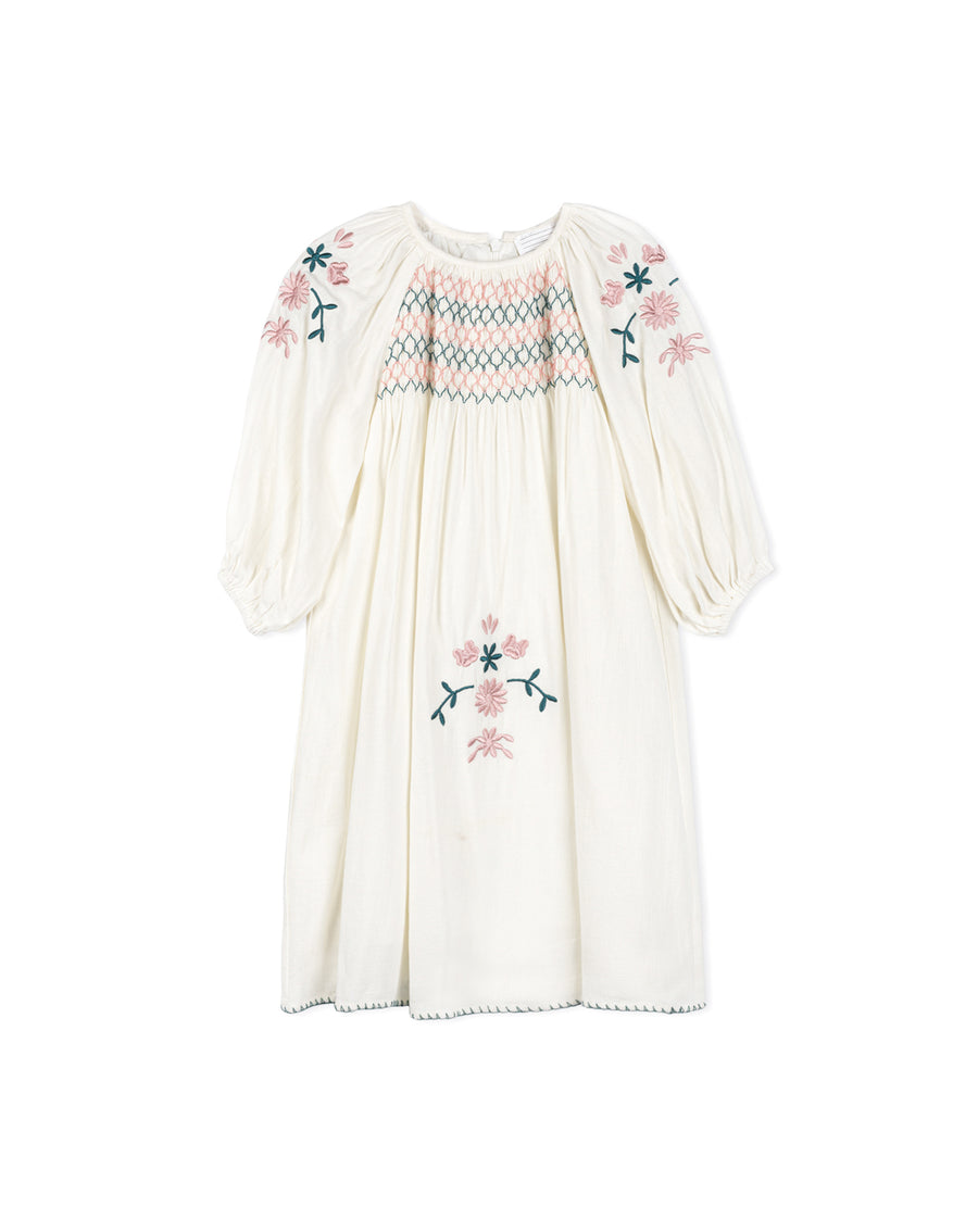 Embroidered And Smocked Shirred Dress
