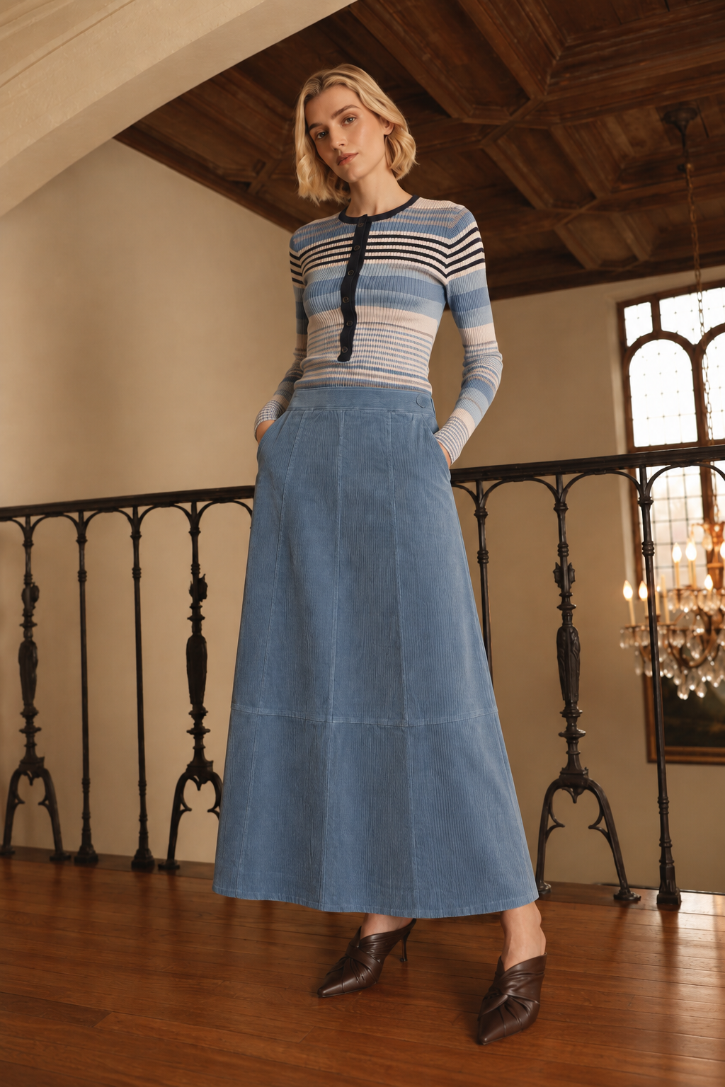 Corduroy Seam Midi Skirt