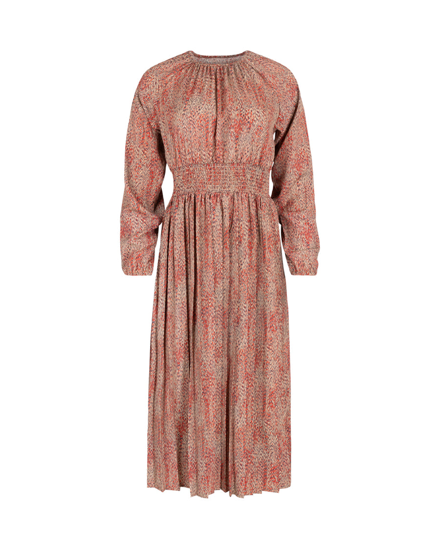 Pleated Smock Waisted Printed Midi Dress