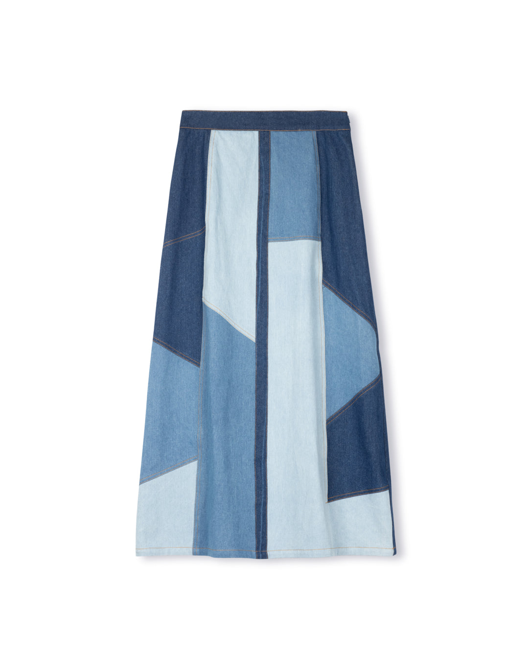 Patched Denim Button Down Midi Skirt