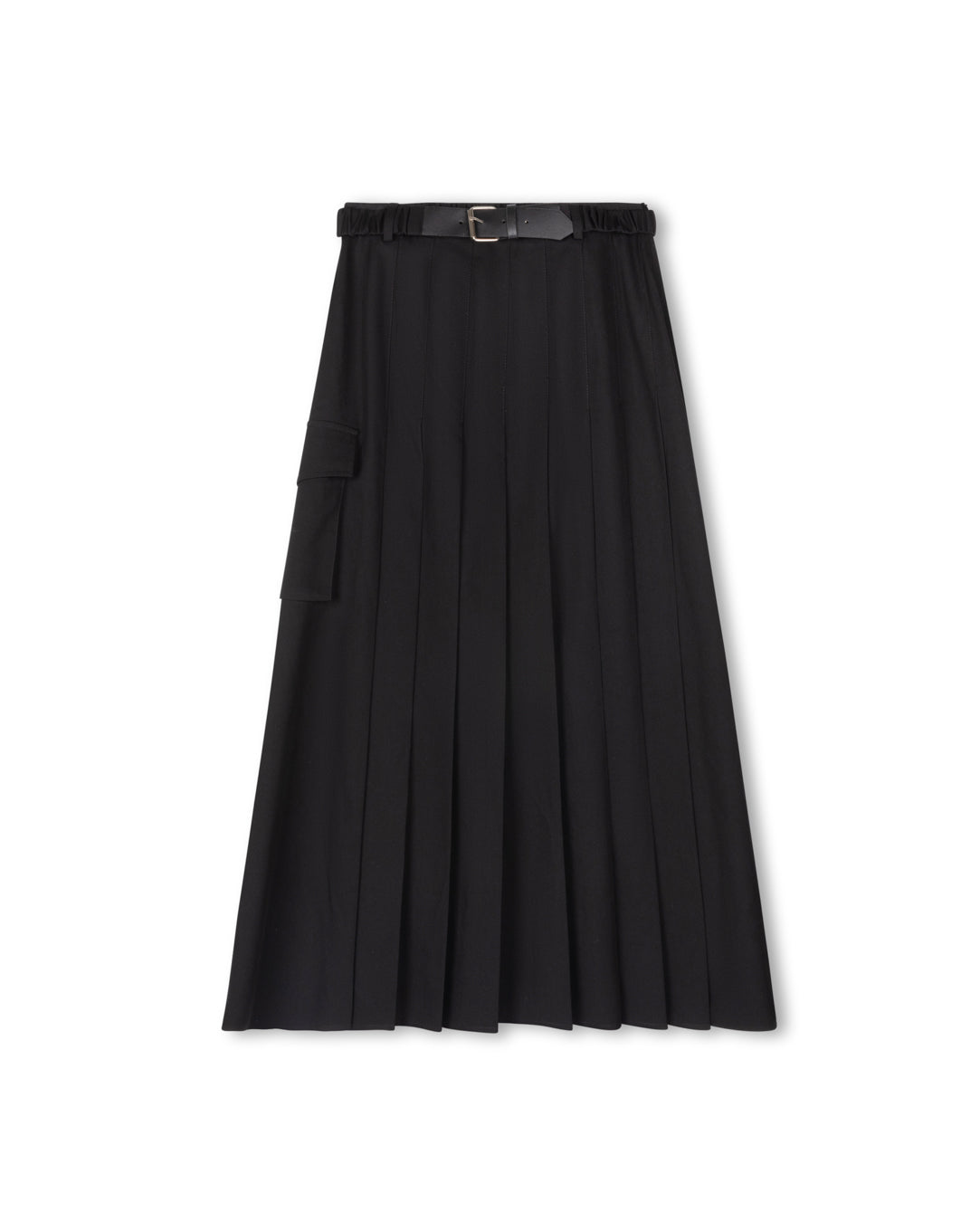 Pleated Belted Wool Skirt
