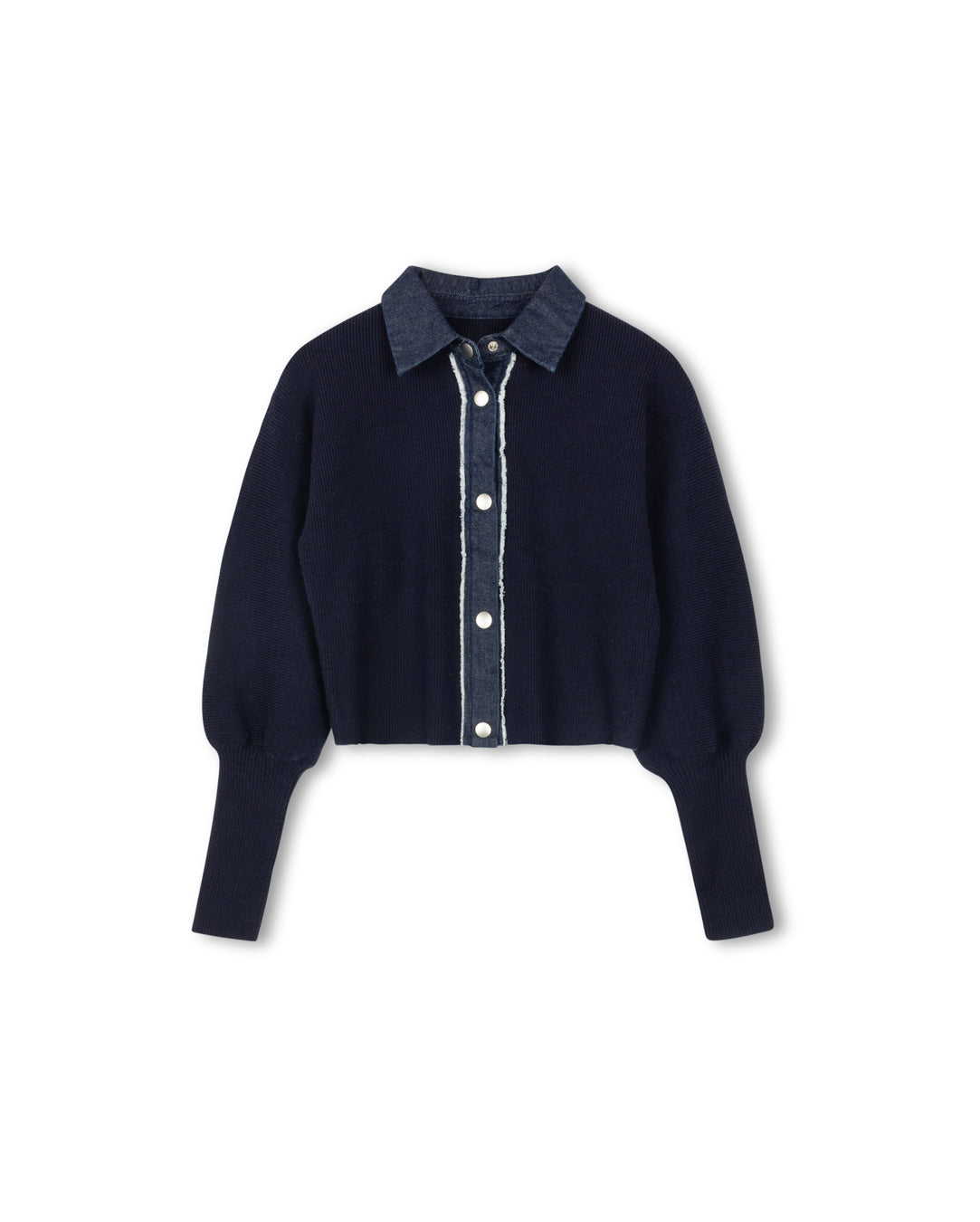 Knit Denim Frayed Placket Cardigan