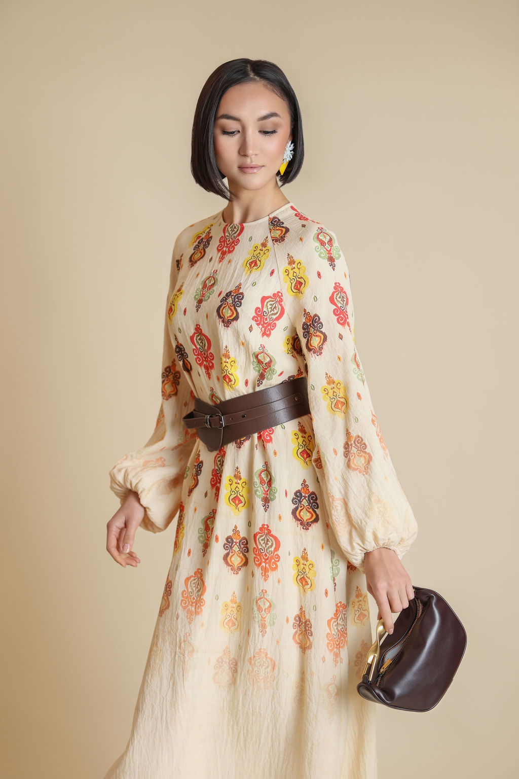 Faded Print Bubble Sleeve Dress - Junees