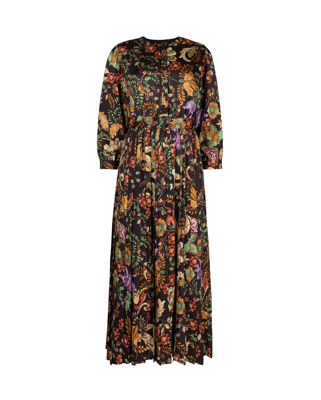 Printed Covered Placket Pleated Maxi Dress
