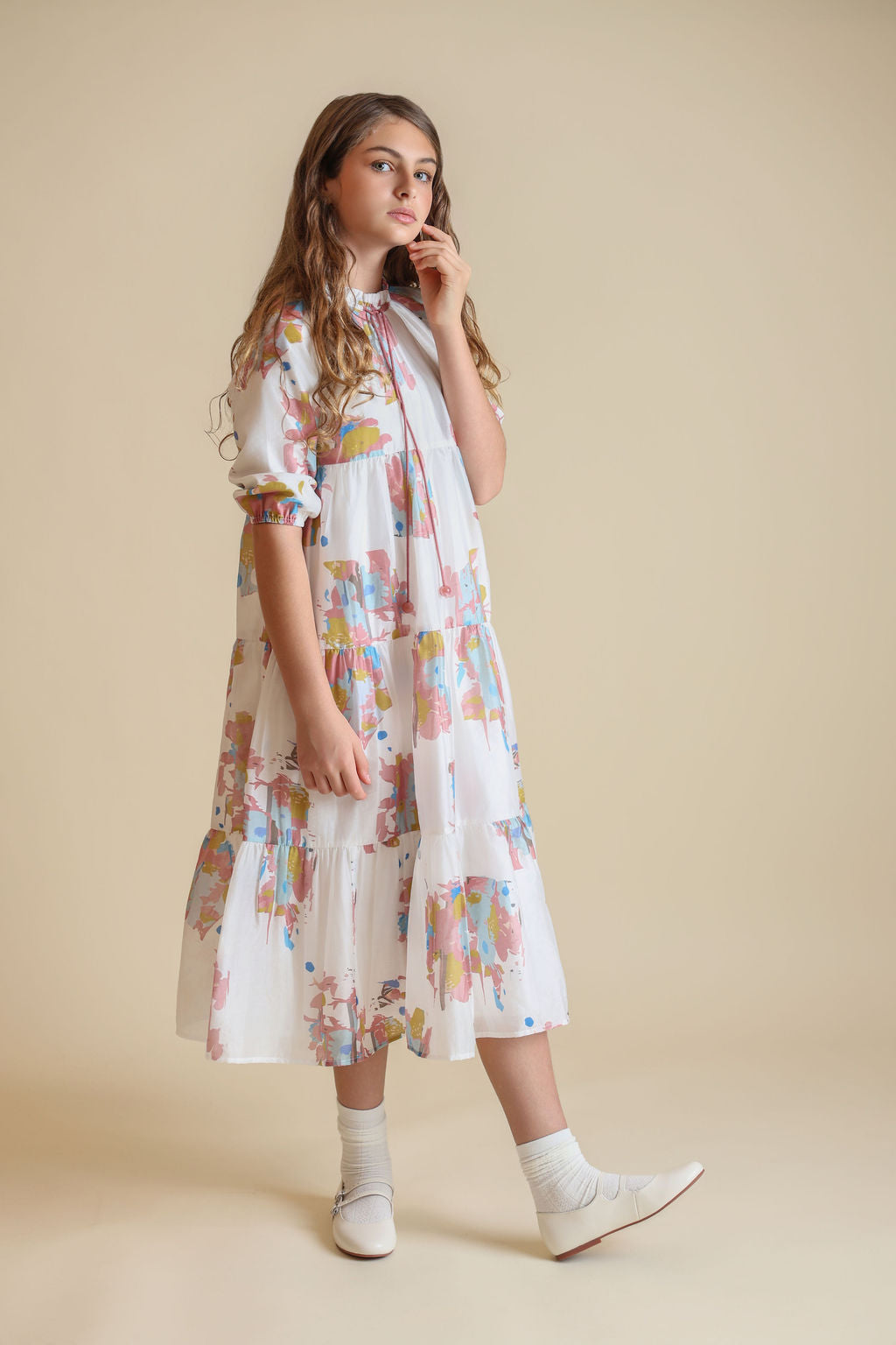 Floral Tiered Tassel Neck Dress