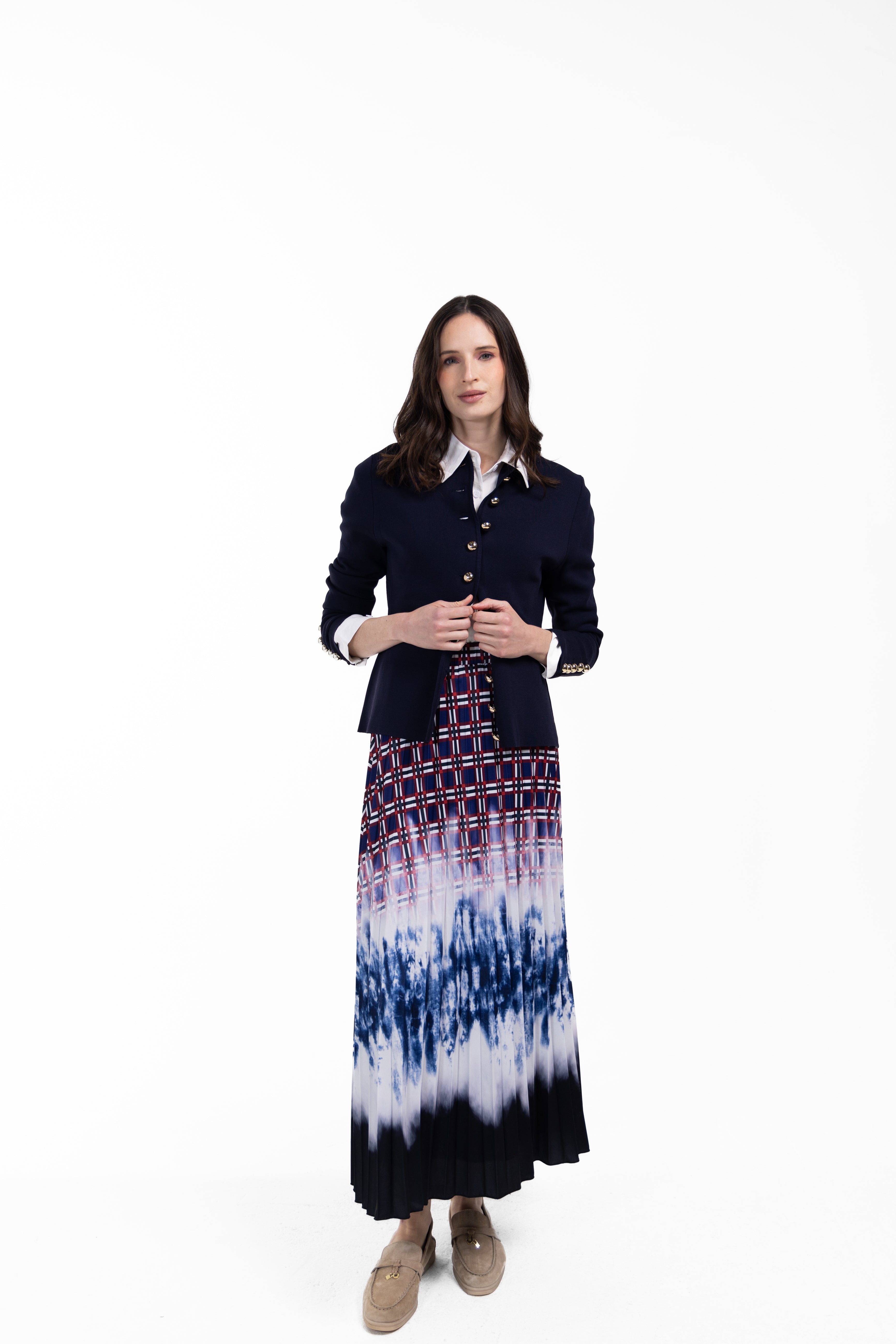 Plaid And Tie Dye Pleat Skirt