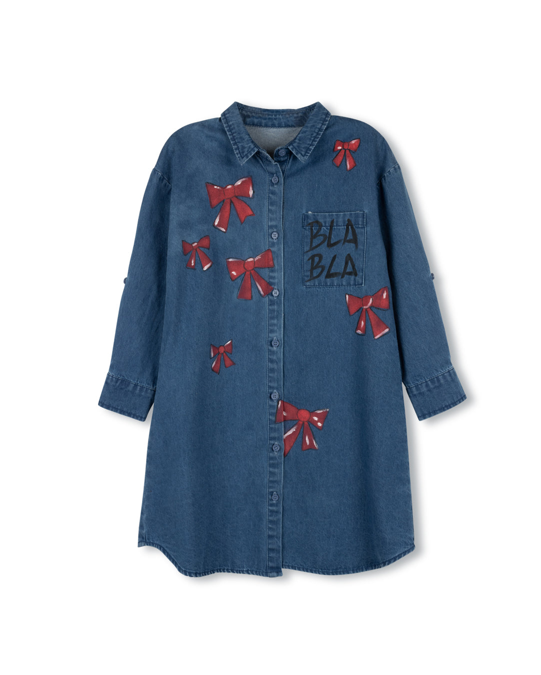 Denim Bow Print Shirt Dress