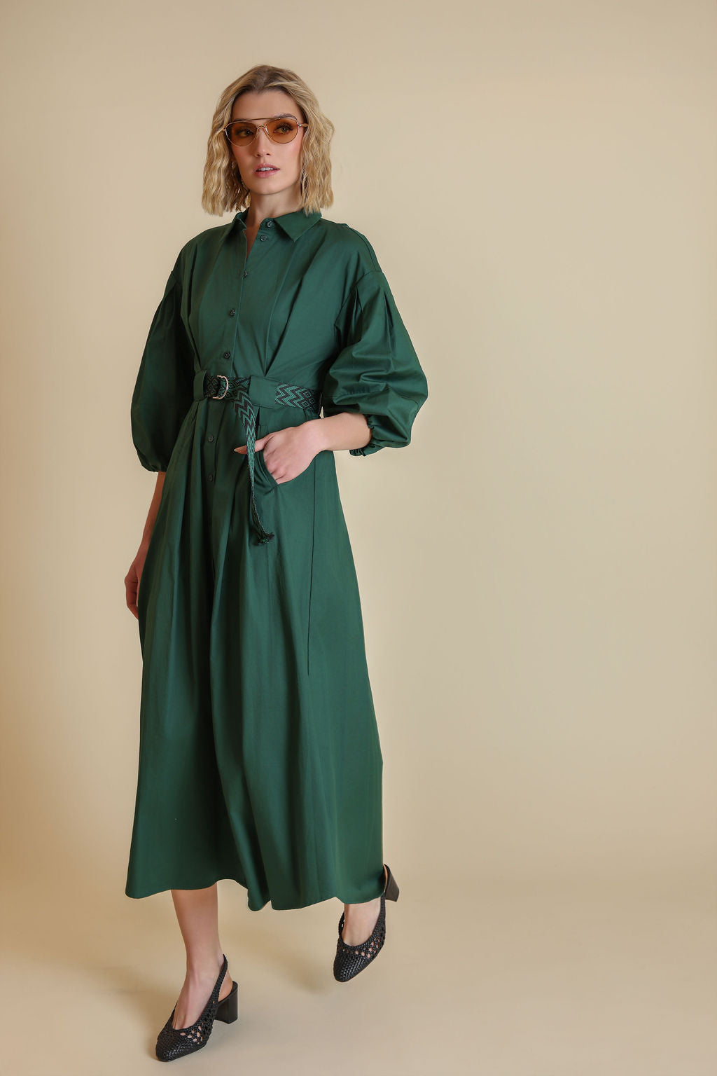 Puff Sleeve Poplin Belt Dress