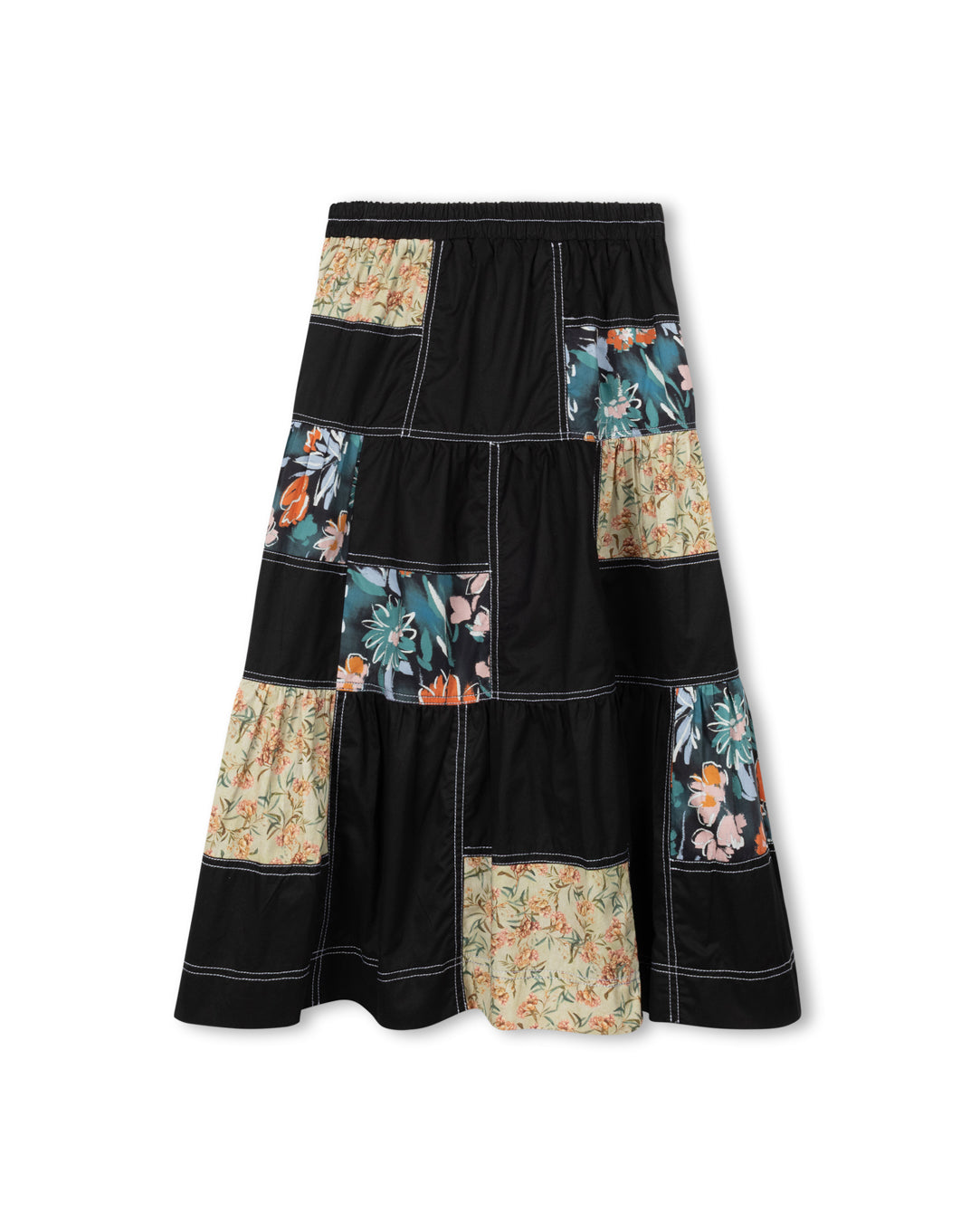 Patchwork Tiered Midi Skirt