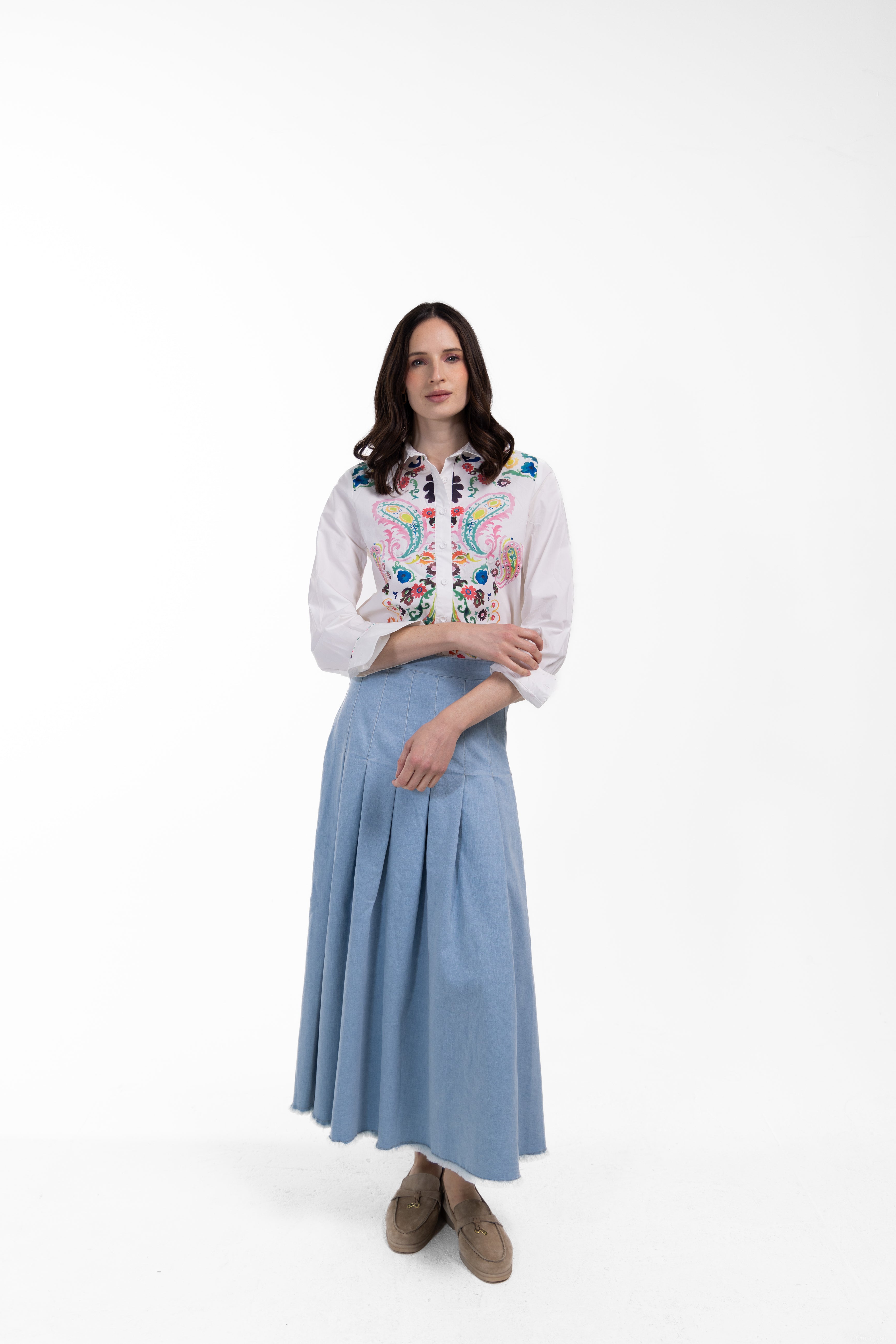 Denim Stretch Pleated Skirt W-19545