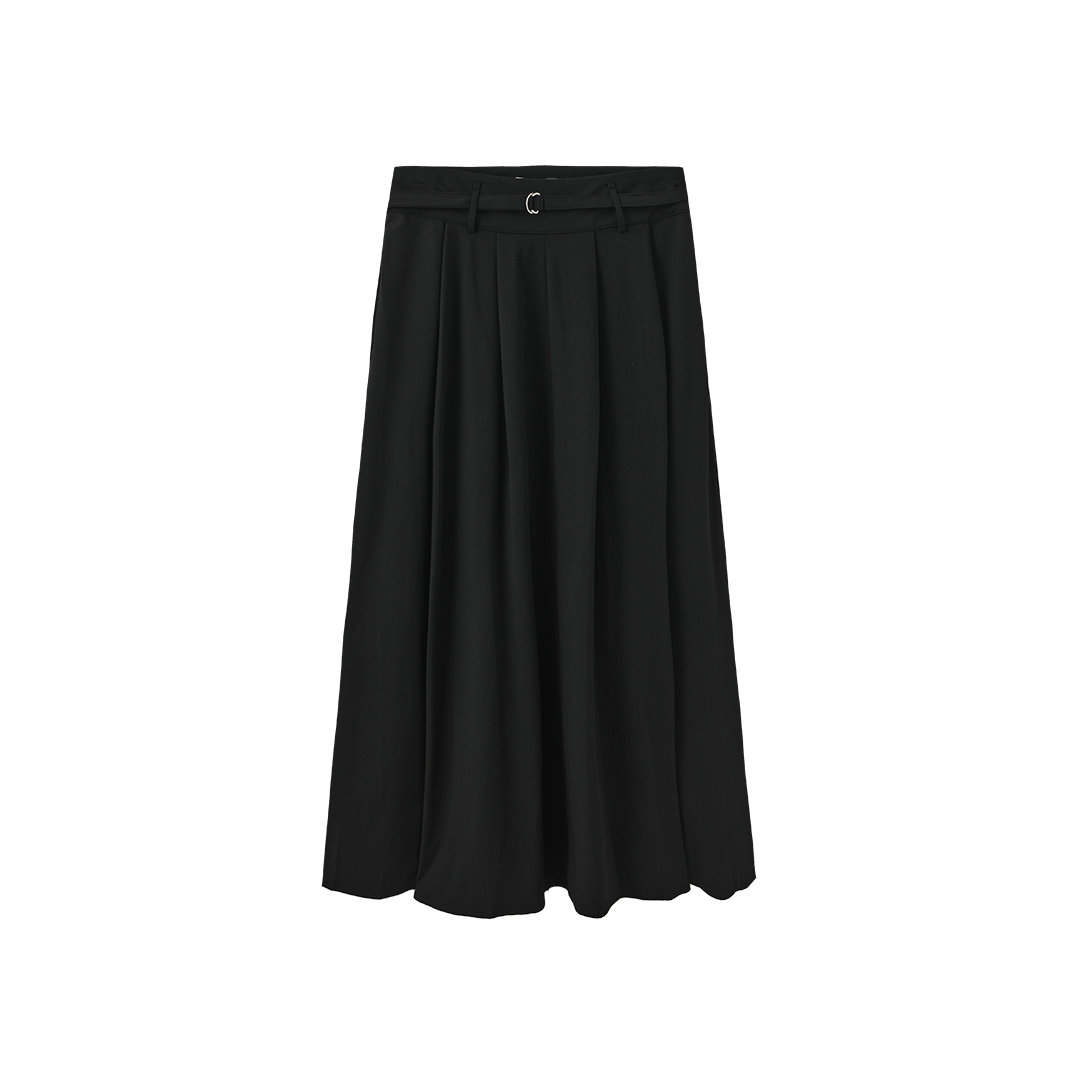 Belted Pleated Wool Skirt