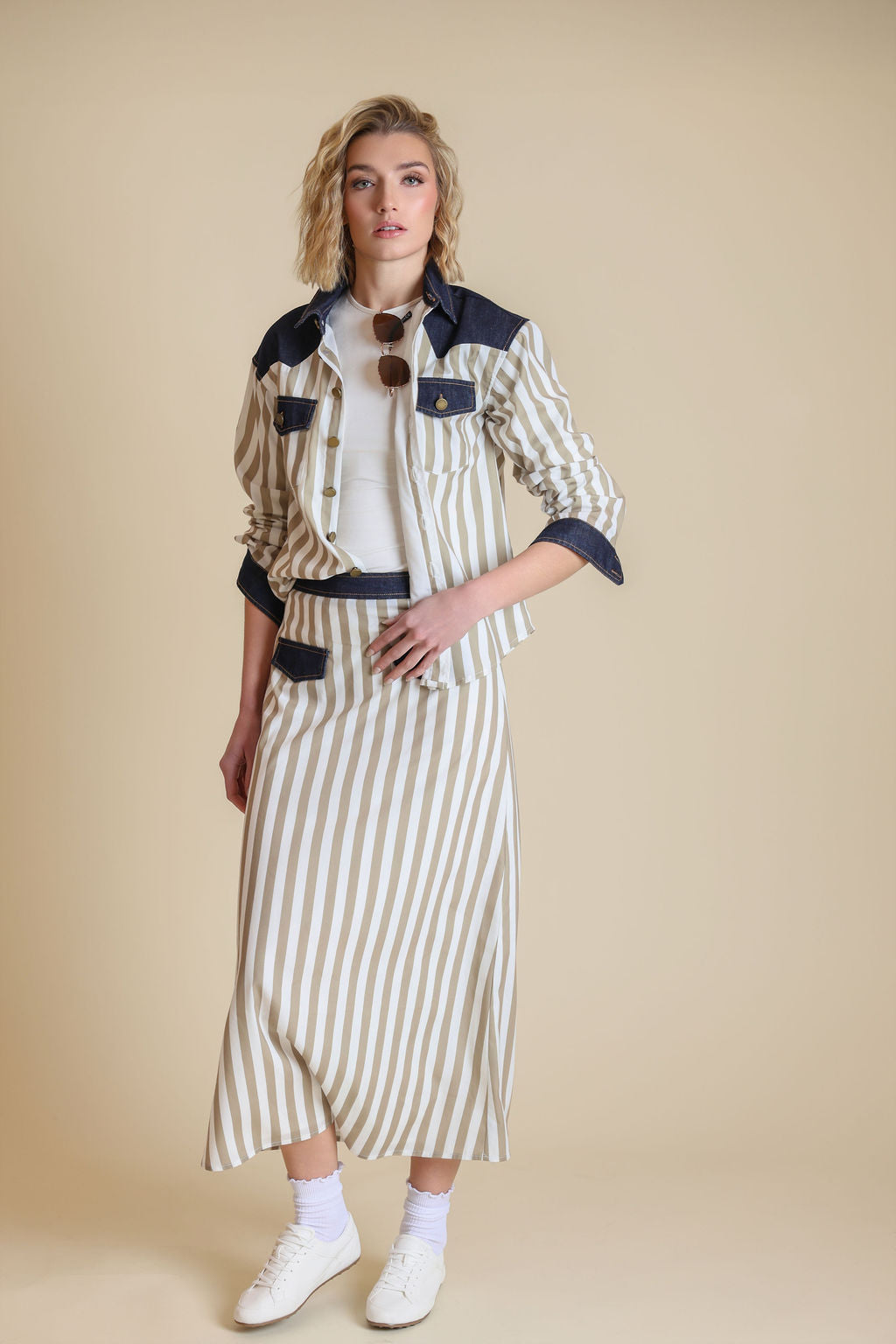 Poplin And Denim Striped Shacket