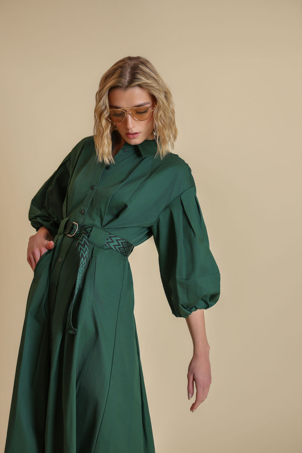 Puff Sleeve Poplin Belt Dress