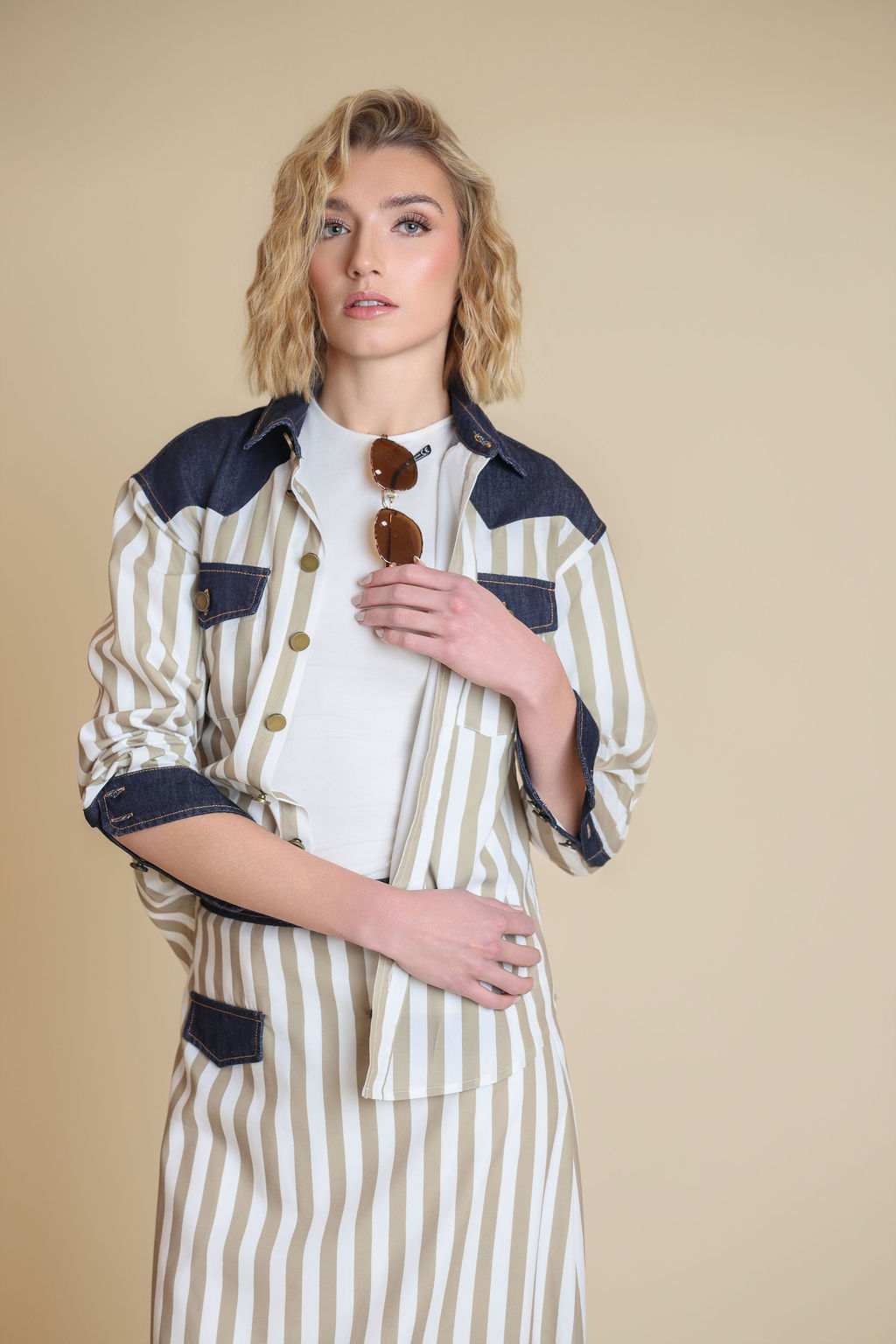 Poplin And Denim Striped Pencil Skirt - Junees