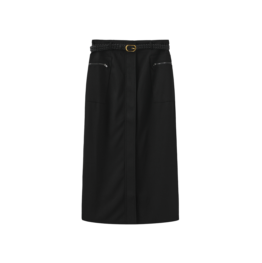 Belted Pocket Wool Skirt