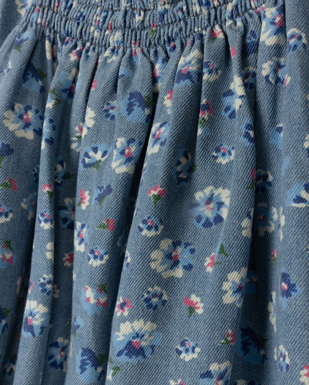 Elastic Neck Floral Chambray Dress