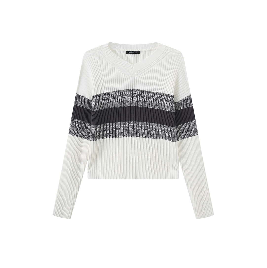 Knit Stripe V Sweater