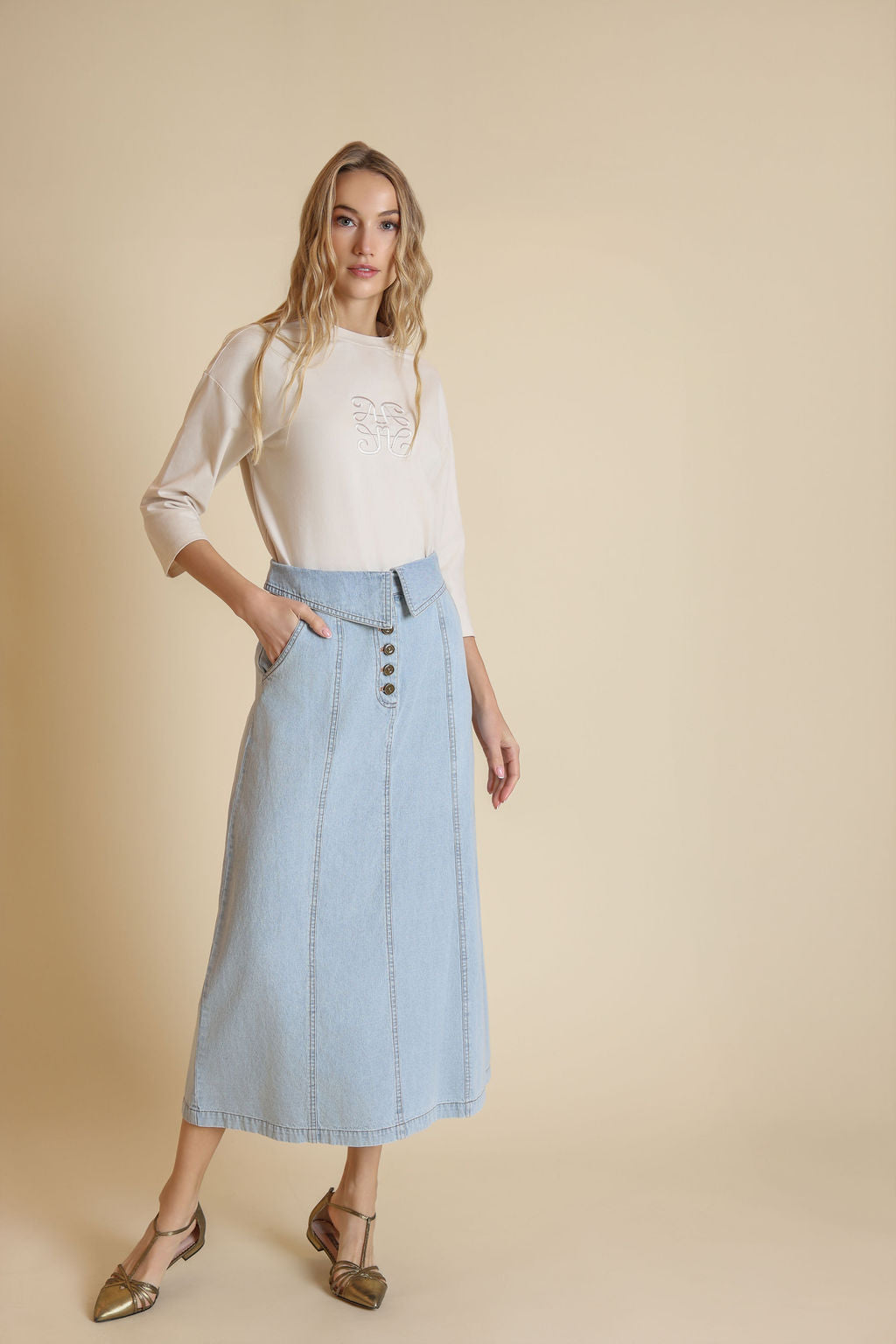 Foldover Straight Denim Skirt
