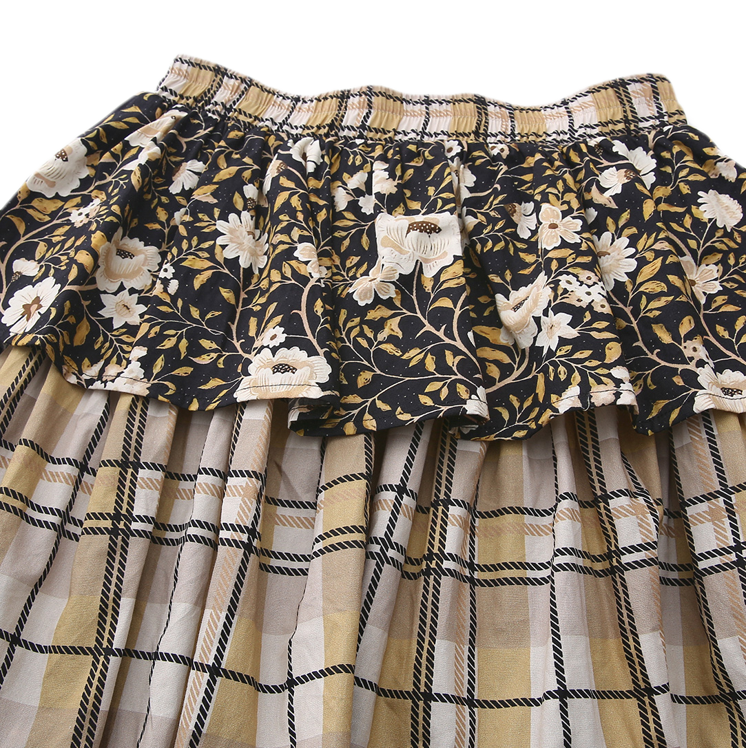 Contrast Plaid-Floral Ruffle Maxi Skirt