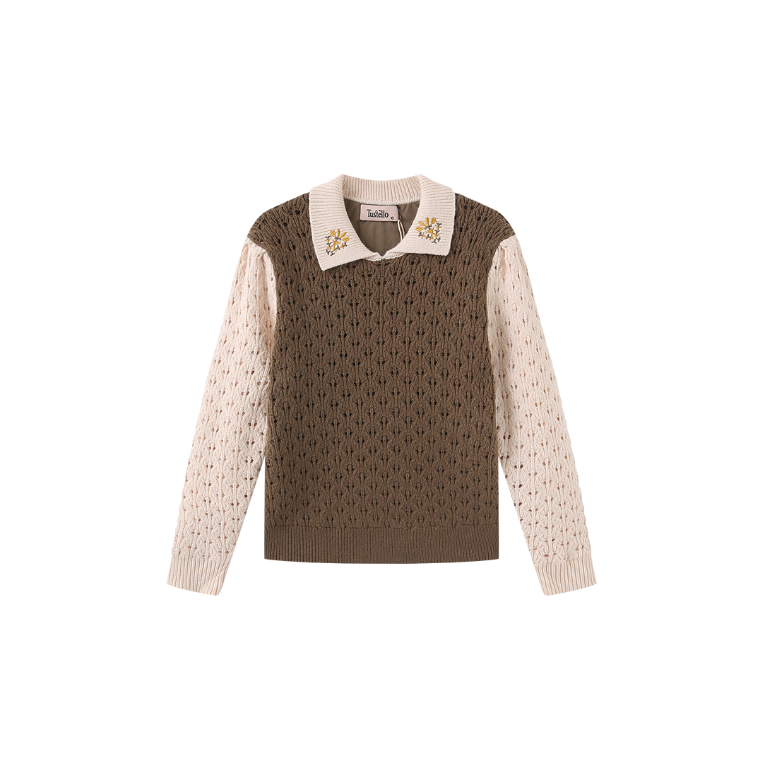 Pez Pointelle Contrast Knit Collared Sweater