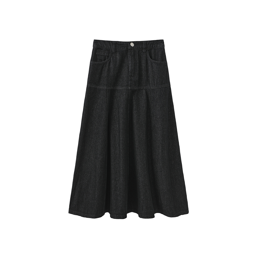 Black Denim Front Fly Midi Skirt