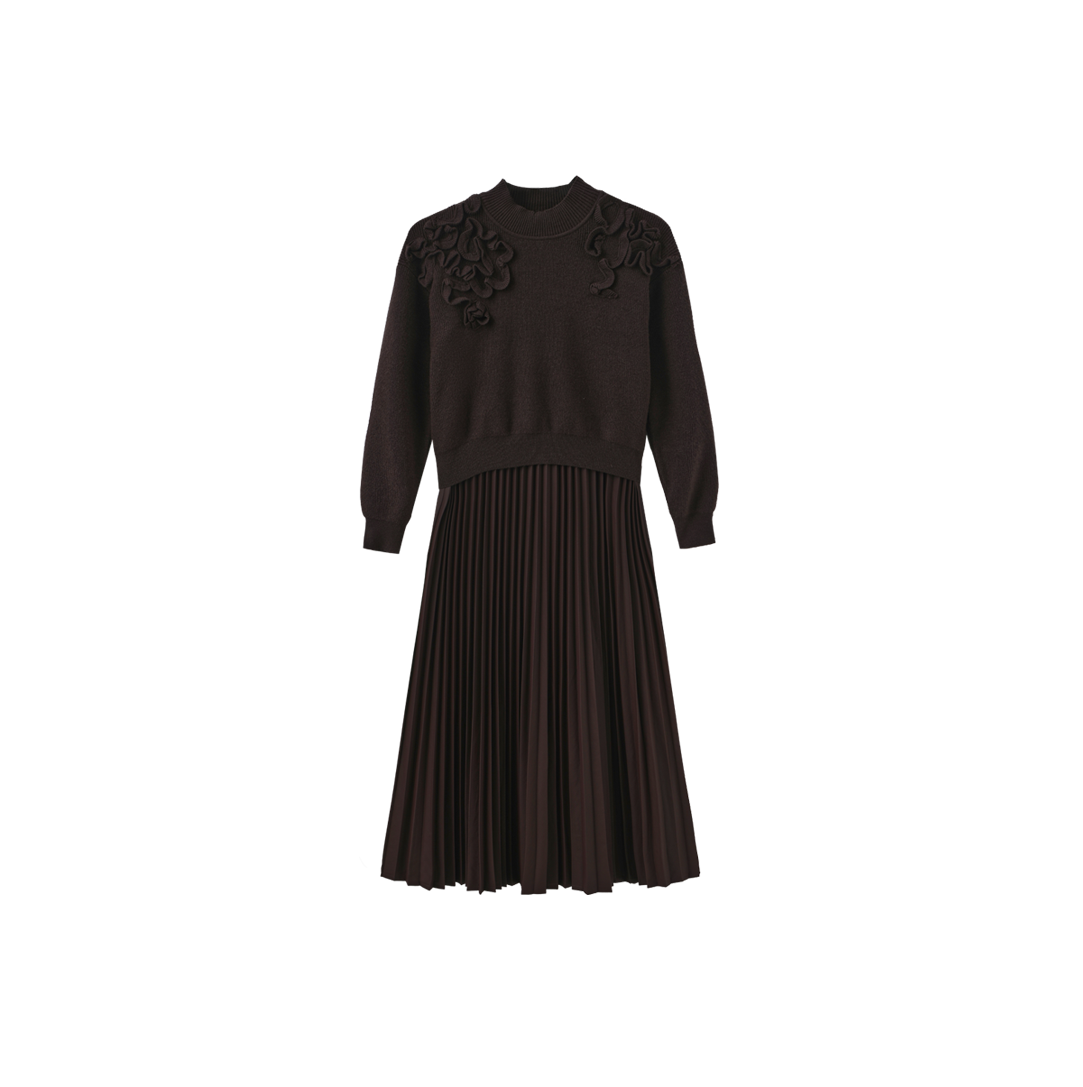 Chunky Knit Leather Pleated Dress