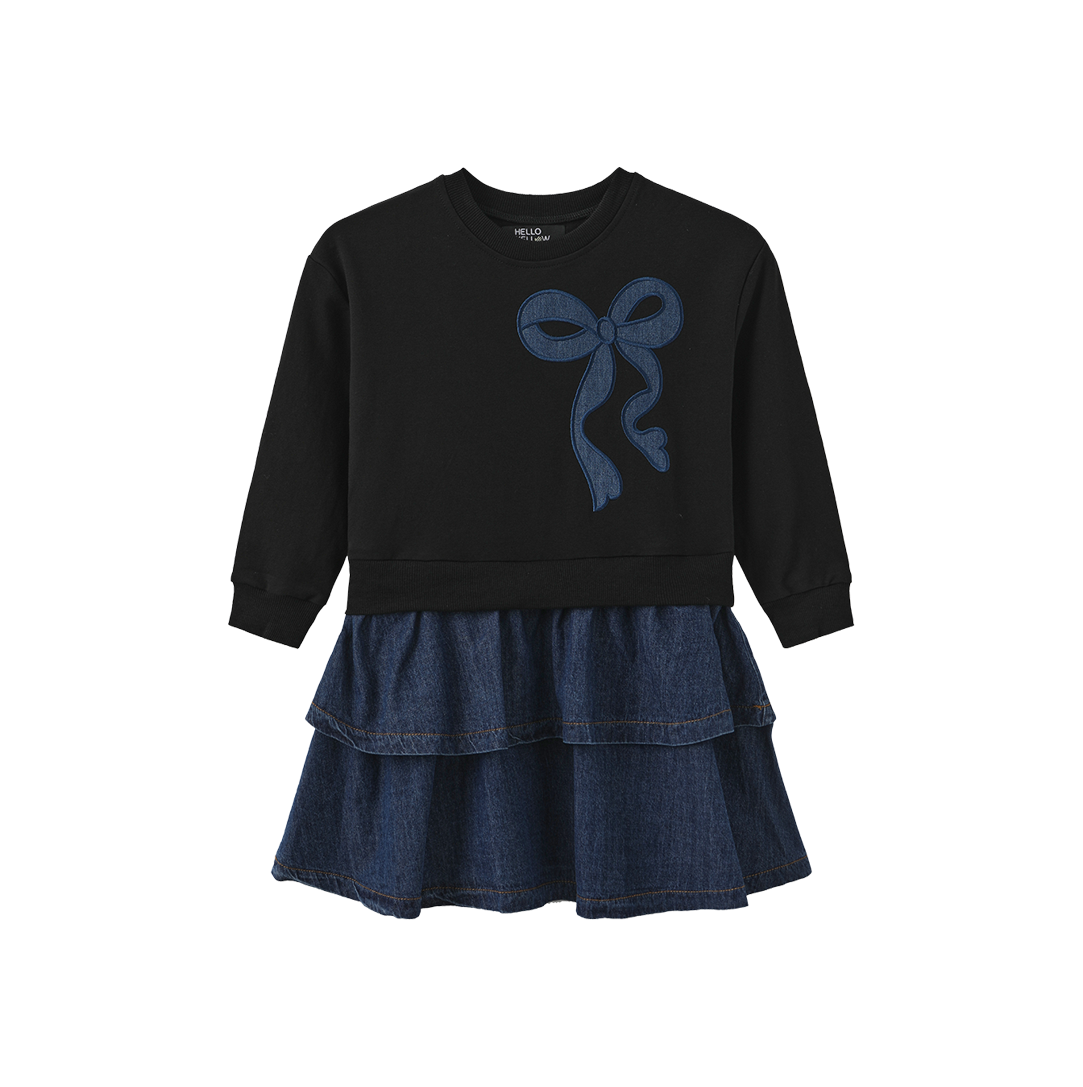 Hello Yellow Black Sweatshirt And Denim Ruffle Dress 7 / Black