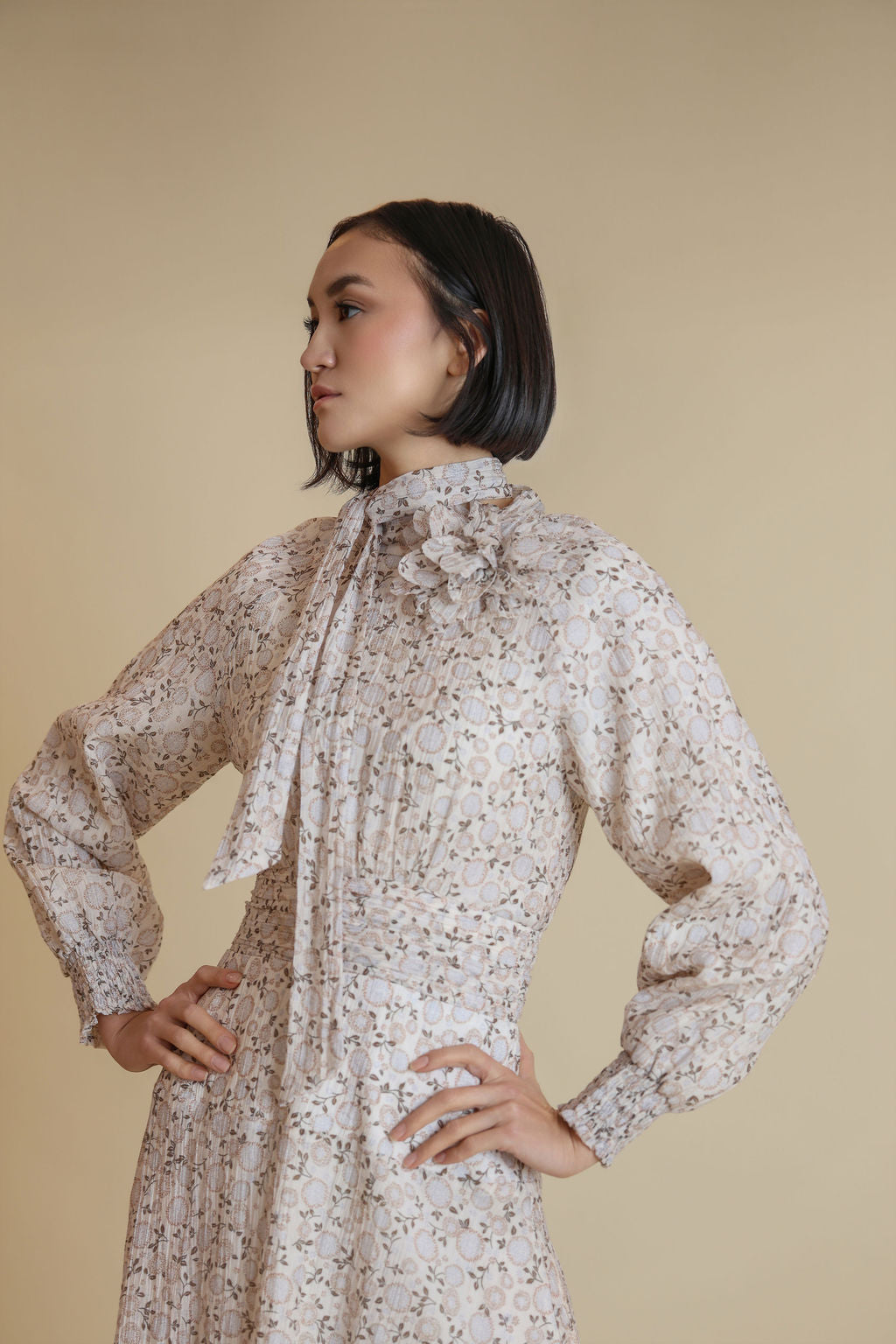 Silk Polka Dot Flower Tie Maxi Dress