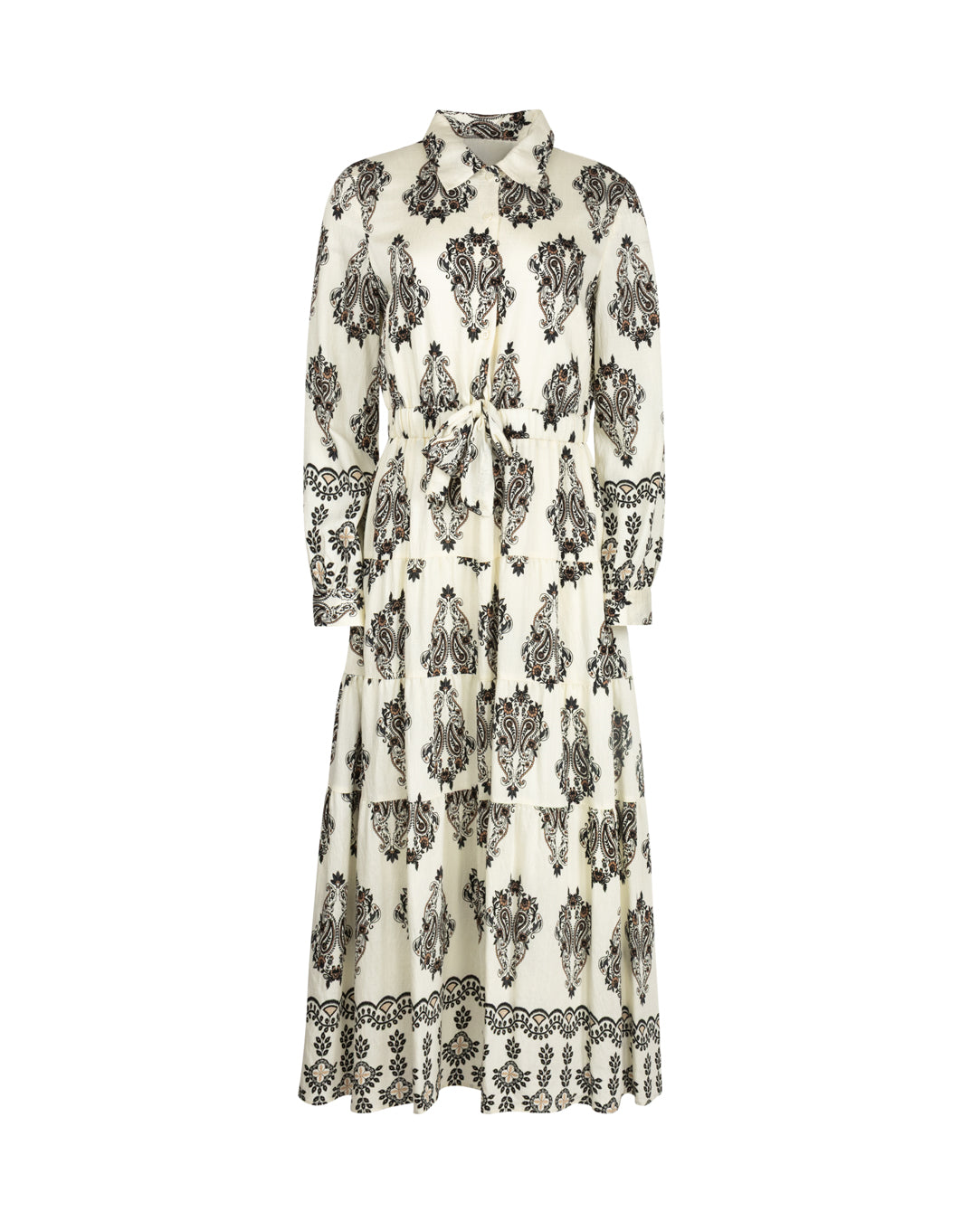 Printed Bow Waist Collared Dress