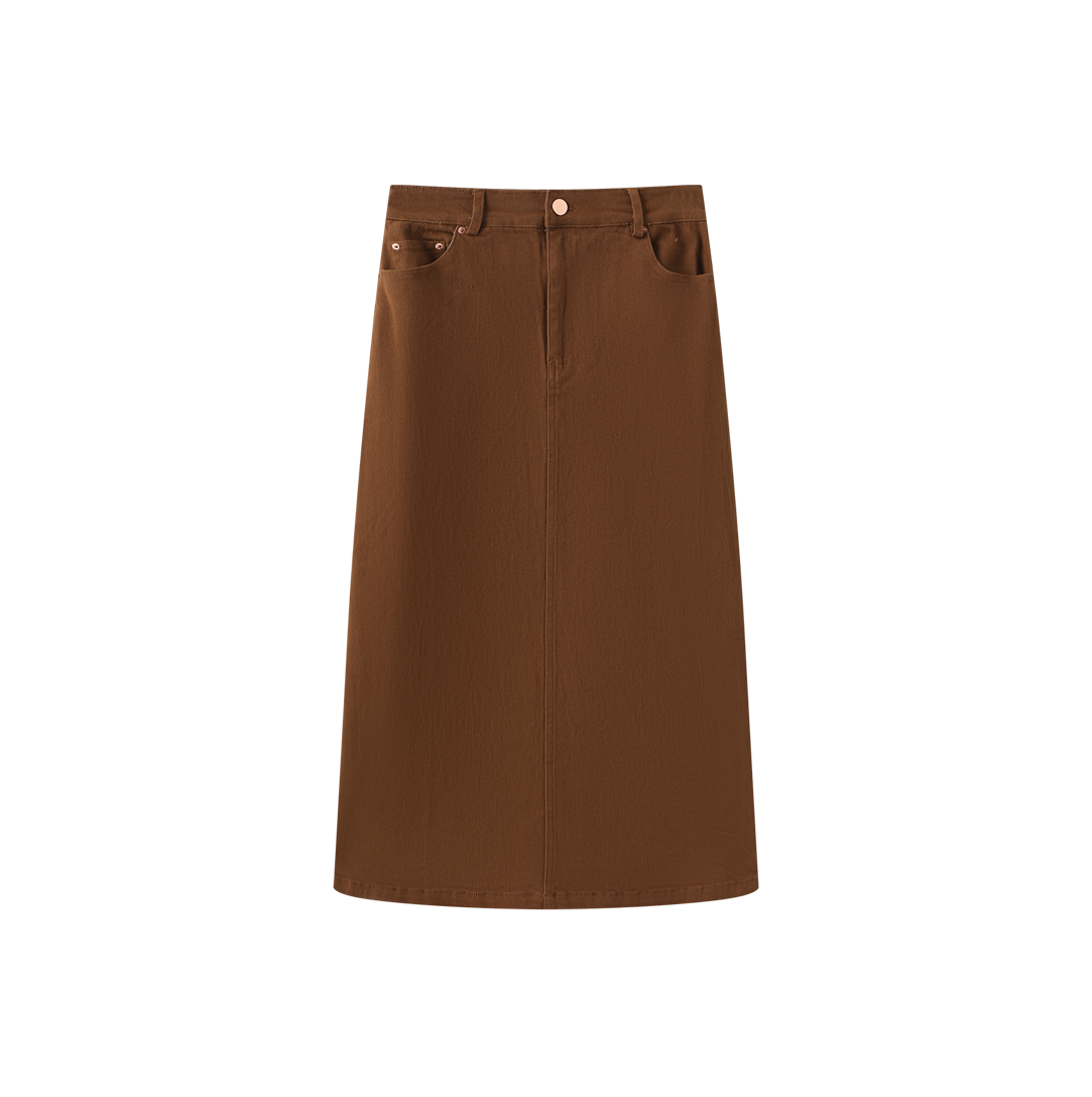 Denim A-line Flyfront Midi Skirt