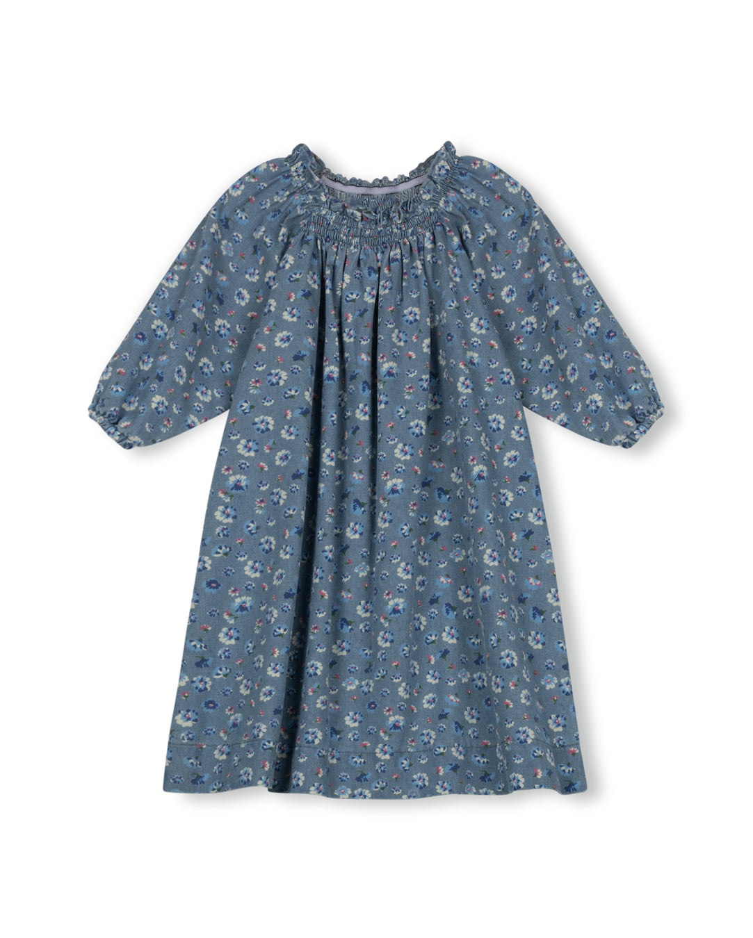 Elastic Neck Floral Chambray Dress