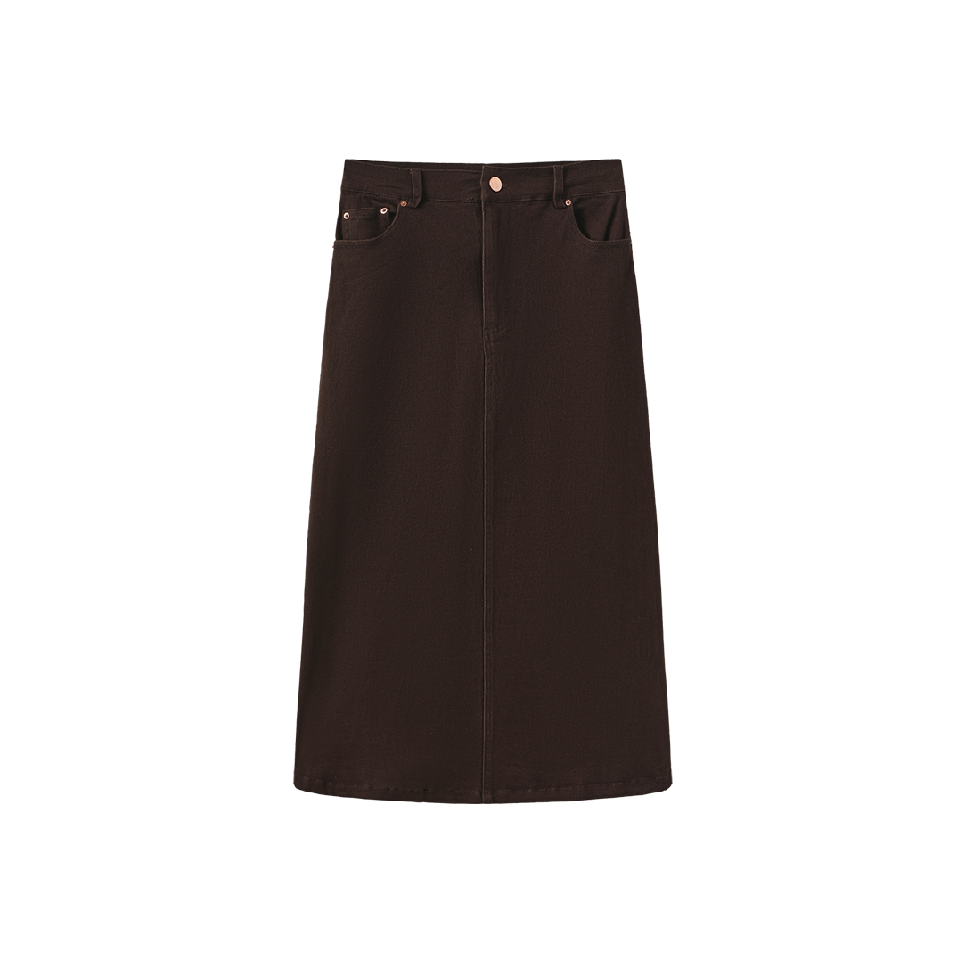 Denim A-line Flyfront Midi Skirt