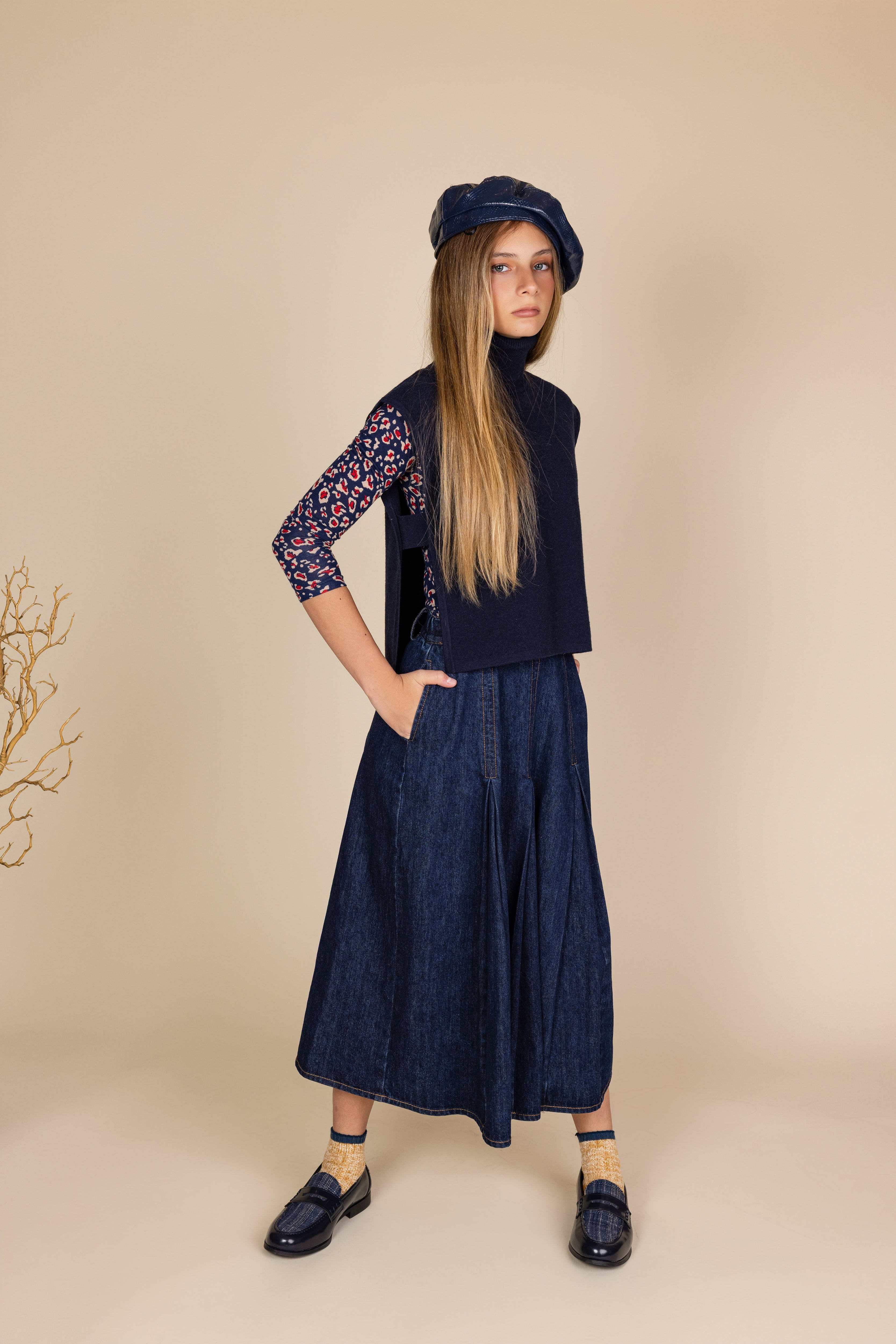 Pleated Dark And Light Denim Midi Skirt