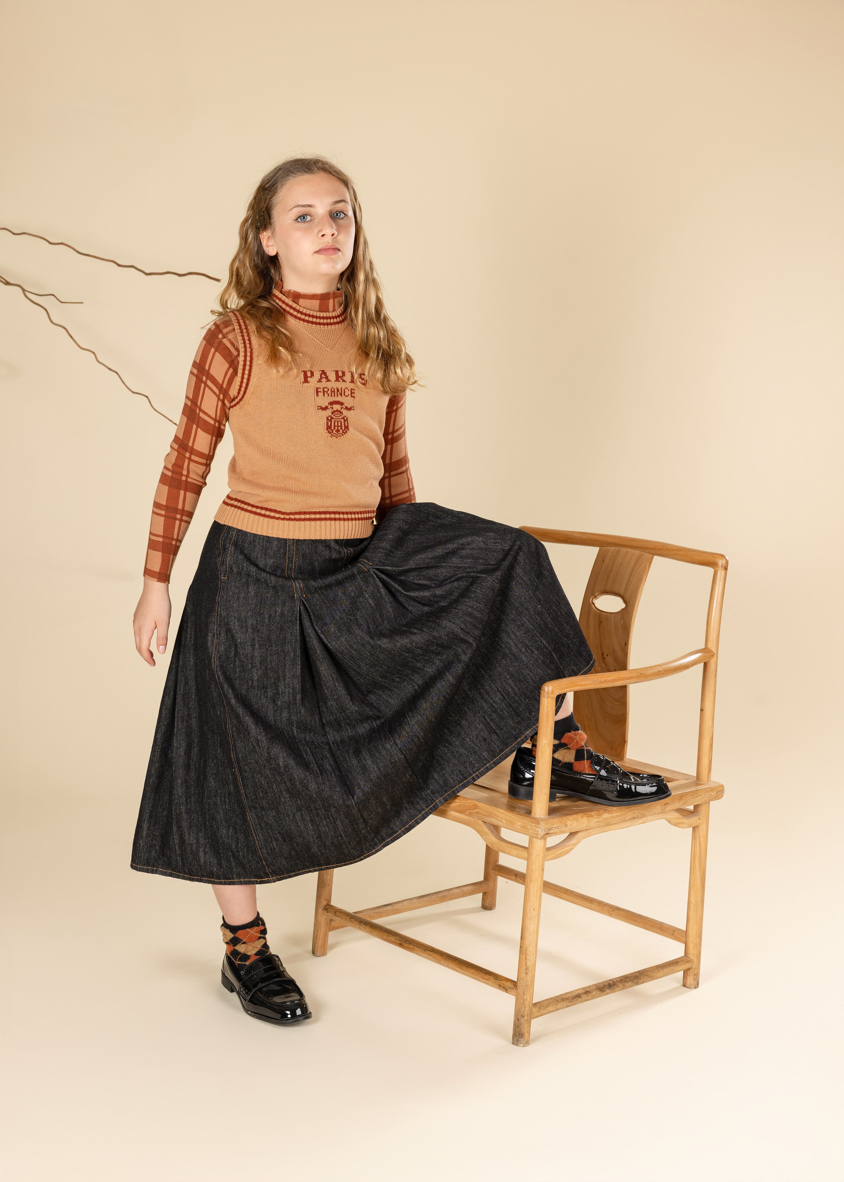 Pleated Dark And Light Denim Midi Skirt