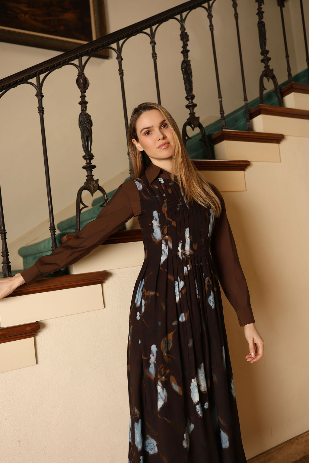 Pleated Floral Print Dress