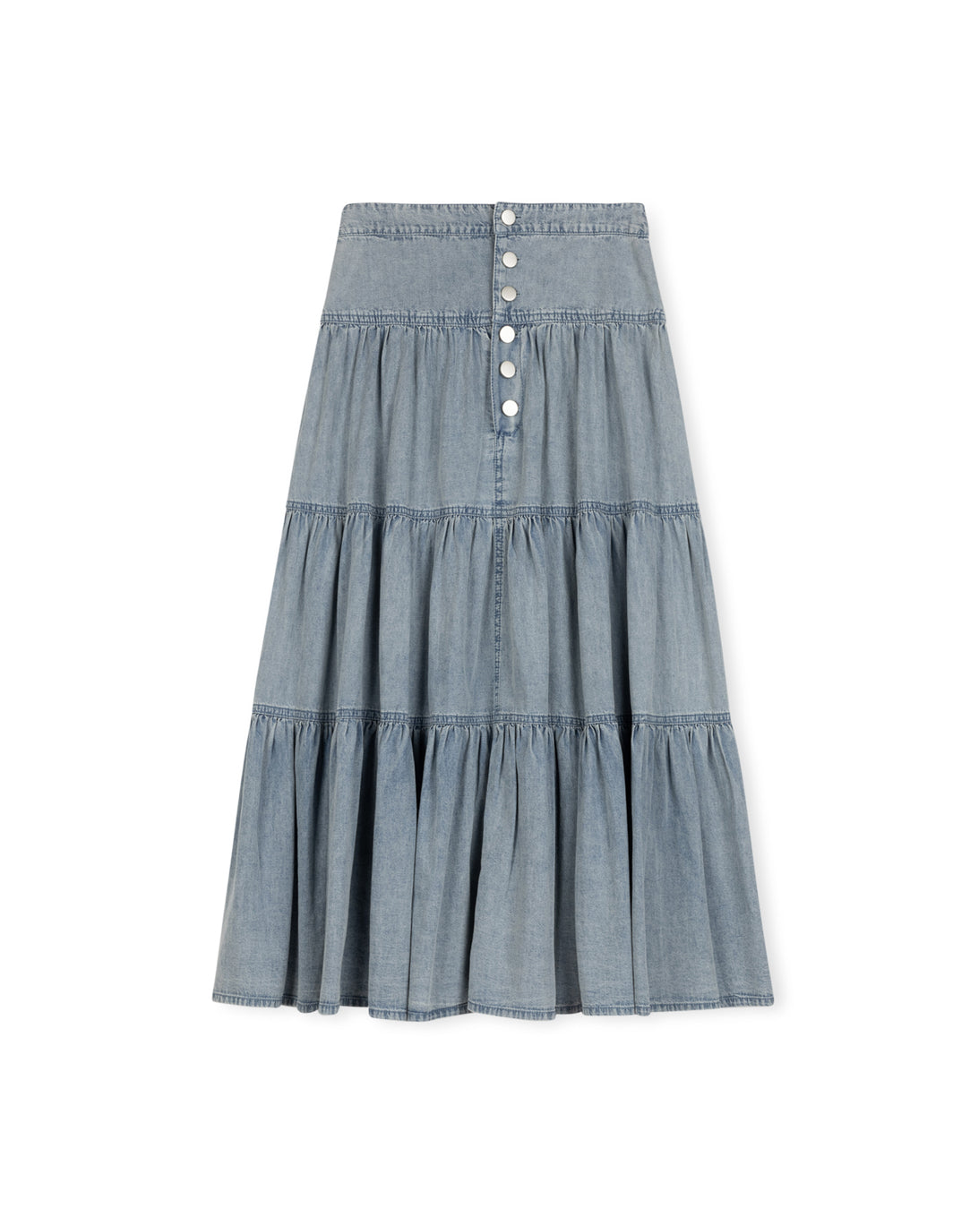 Denim Tiered Button Front Maxi Skirt