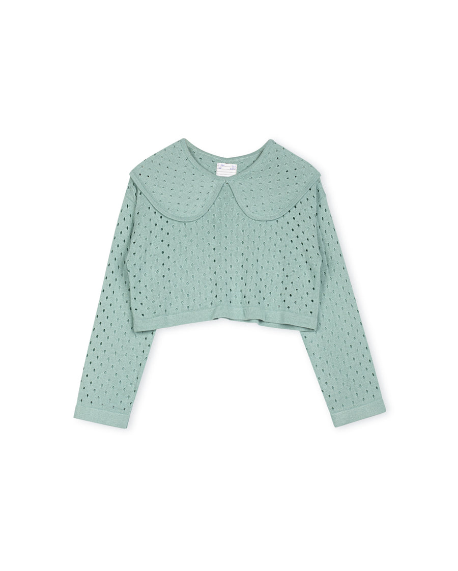 Pointelle Knit Cropped Collared Top