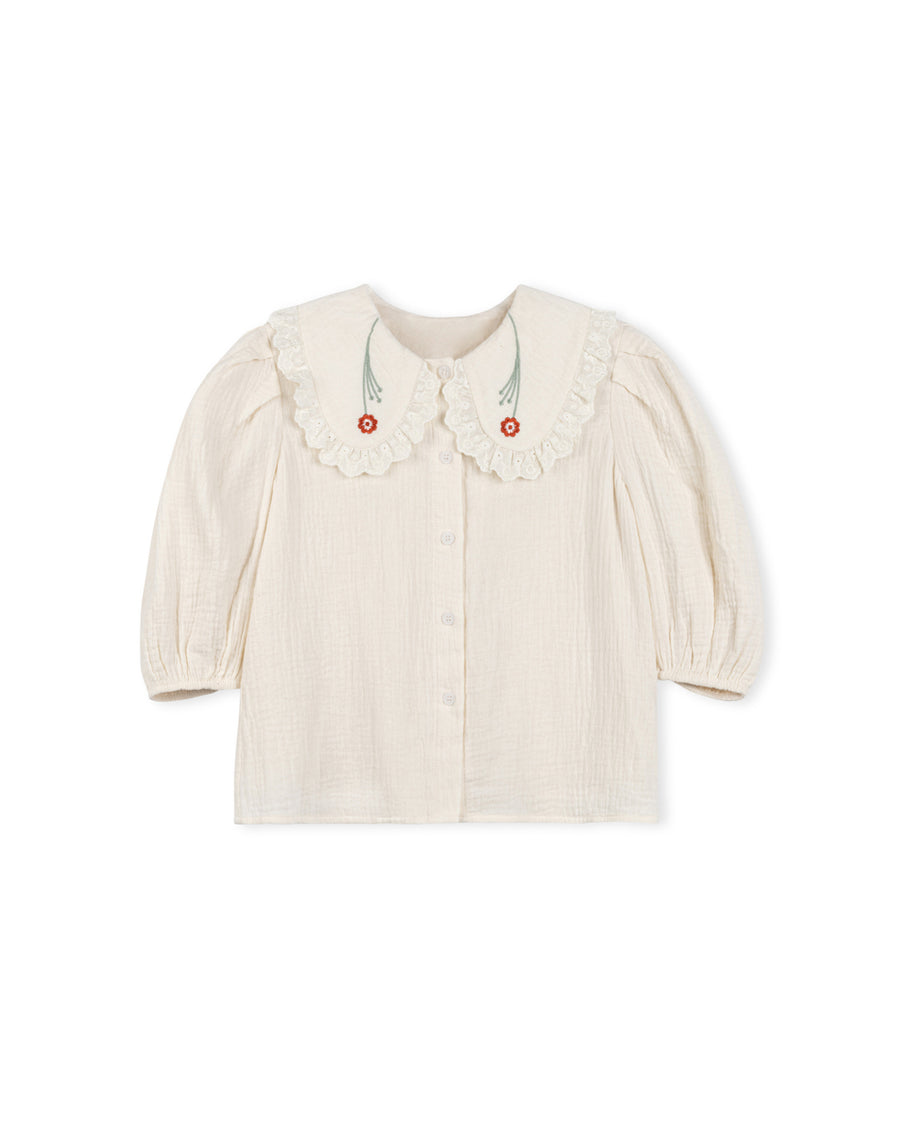 Gauze Embroidered Collared Blouse