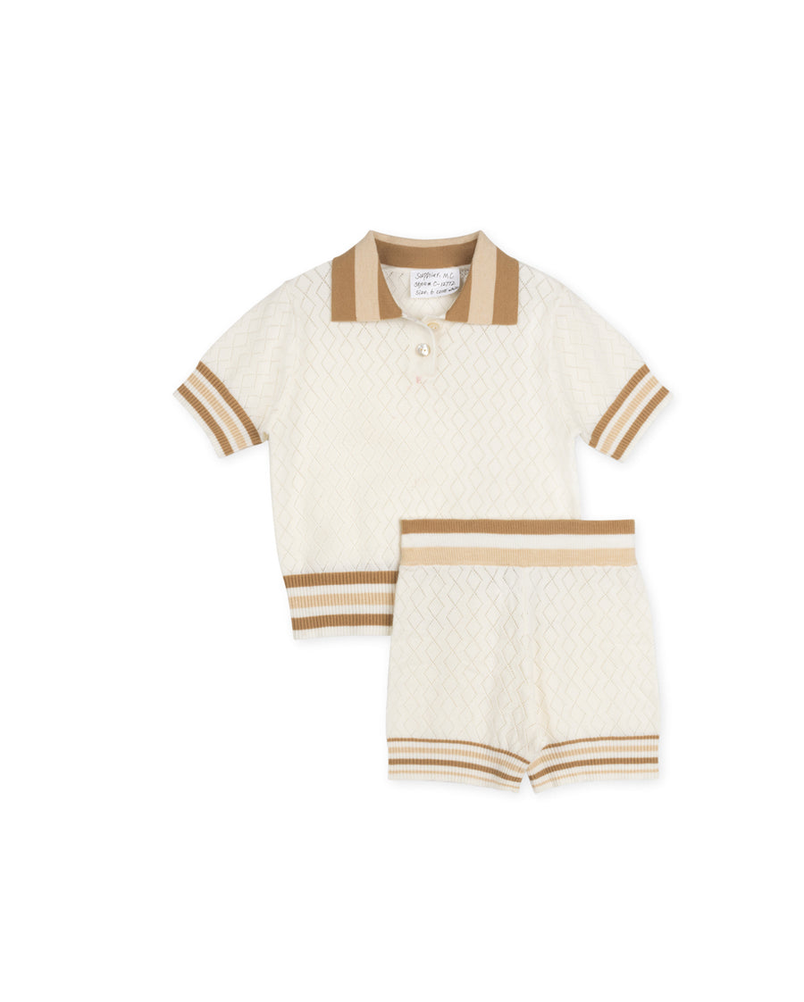 Pointelle Striped Trimming Sweater And Shorts
