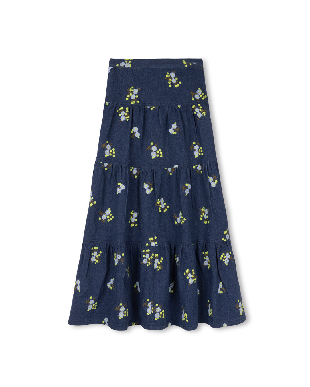 Embroidered Floral Denim Tiered Skirt