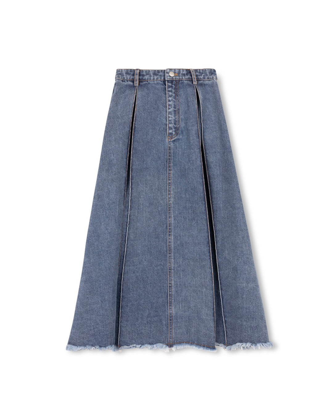 Wide Pleated Denim Front Fly Midi Skirt