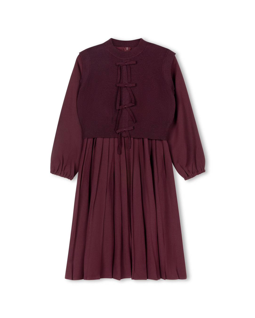 Pleated Dress With Bow Closure Vest