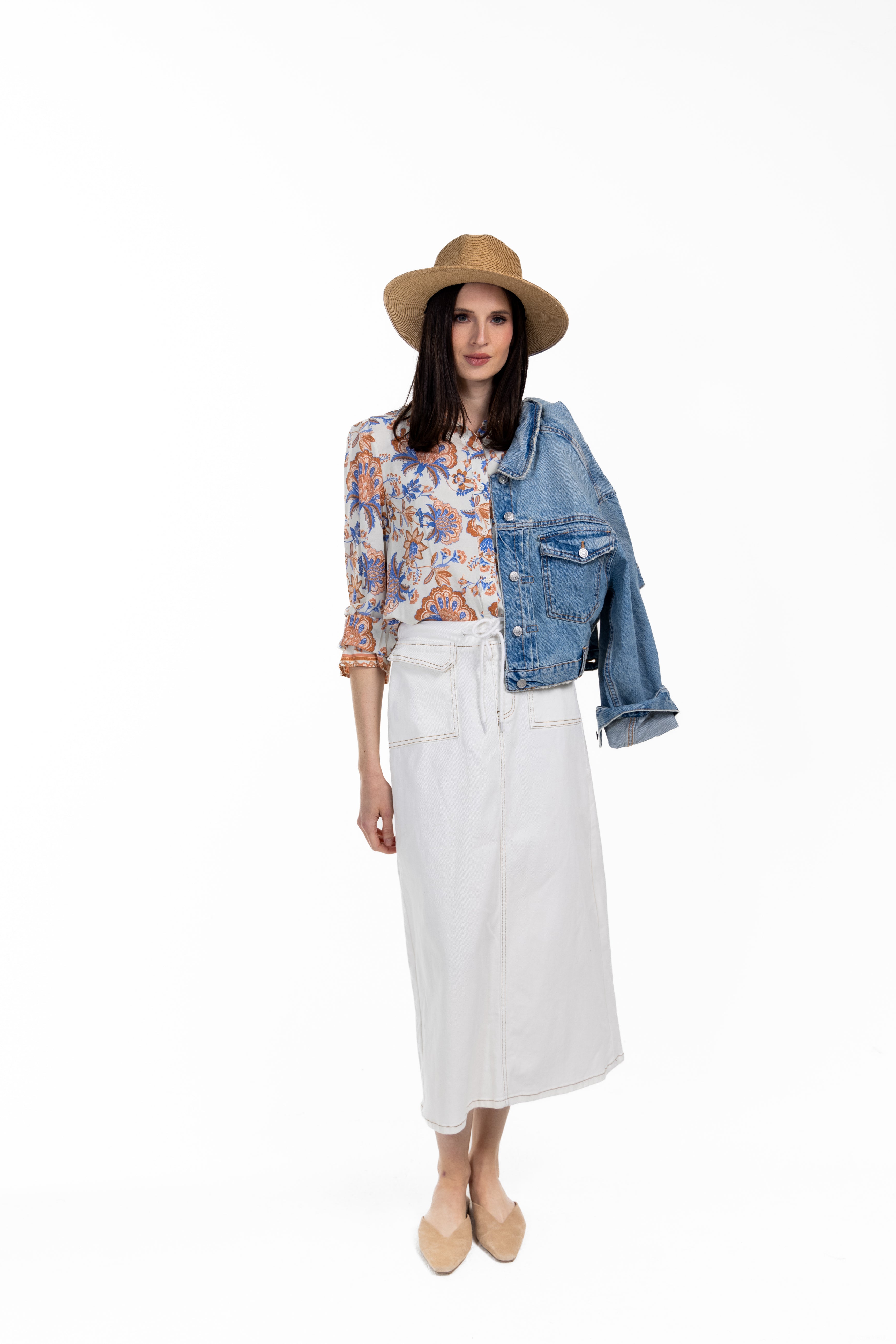 Rope Tie Denim Maxi Skirt