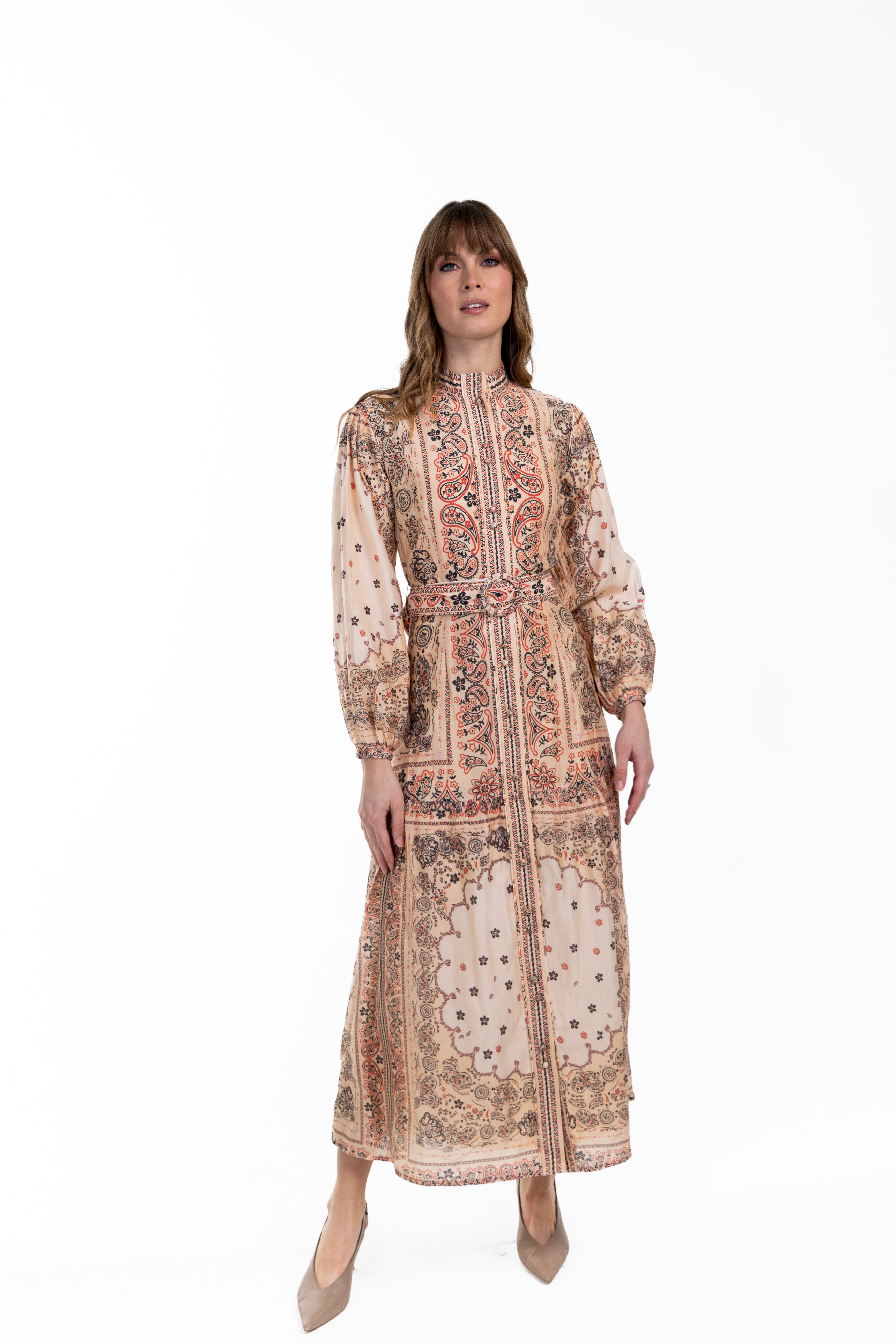 Paisley Print Belted Maxi Dress