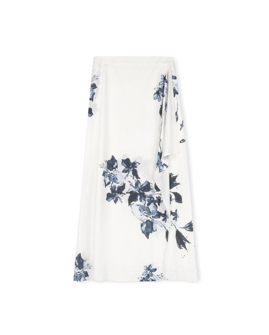 Flower Print Side Ruffle Down Midi Skirt