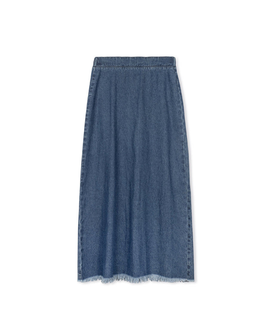 Denim Asymetric Frayed Hem Skirt