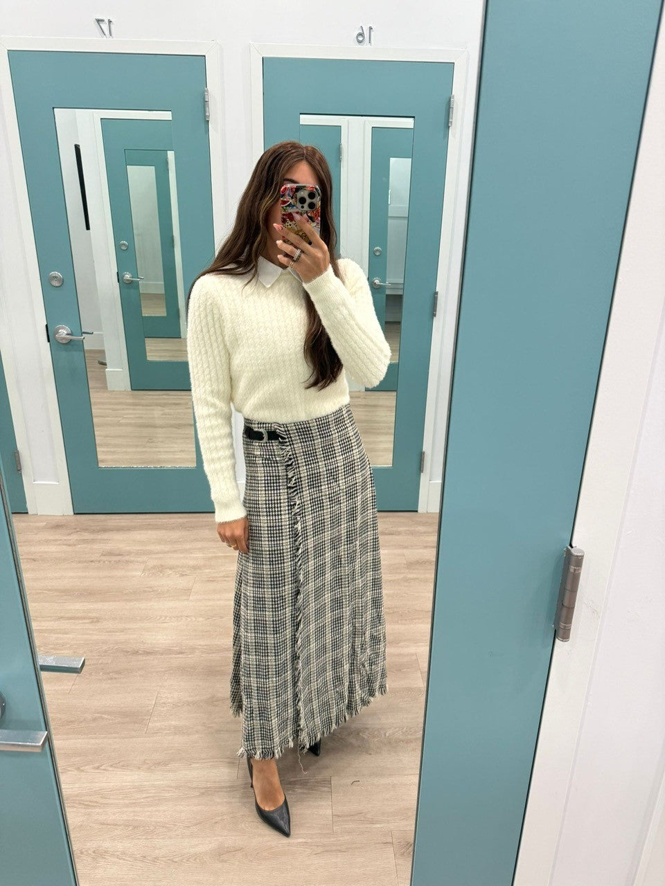 Plaid Side Belt Back Pleat Skirt