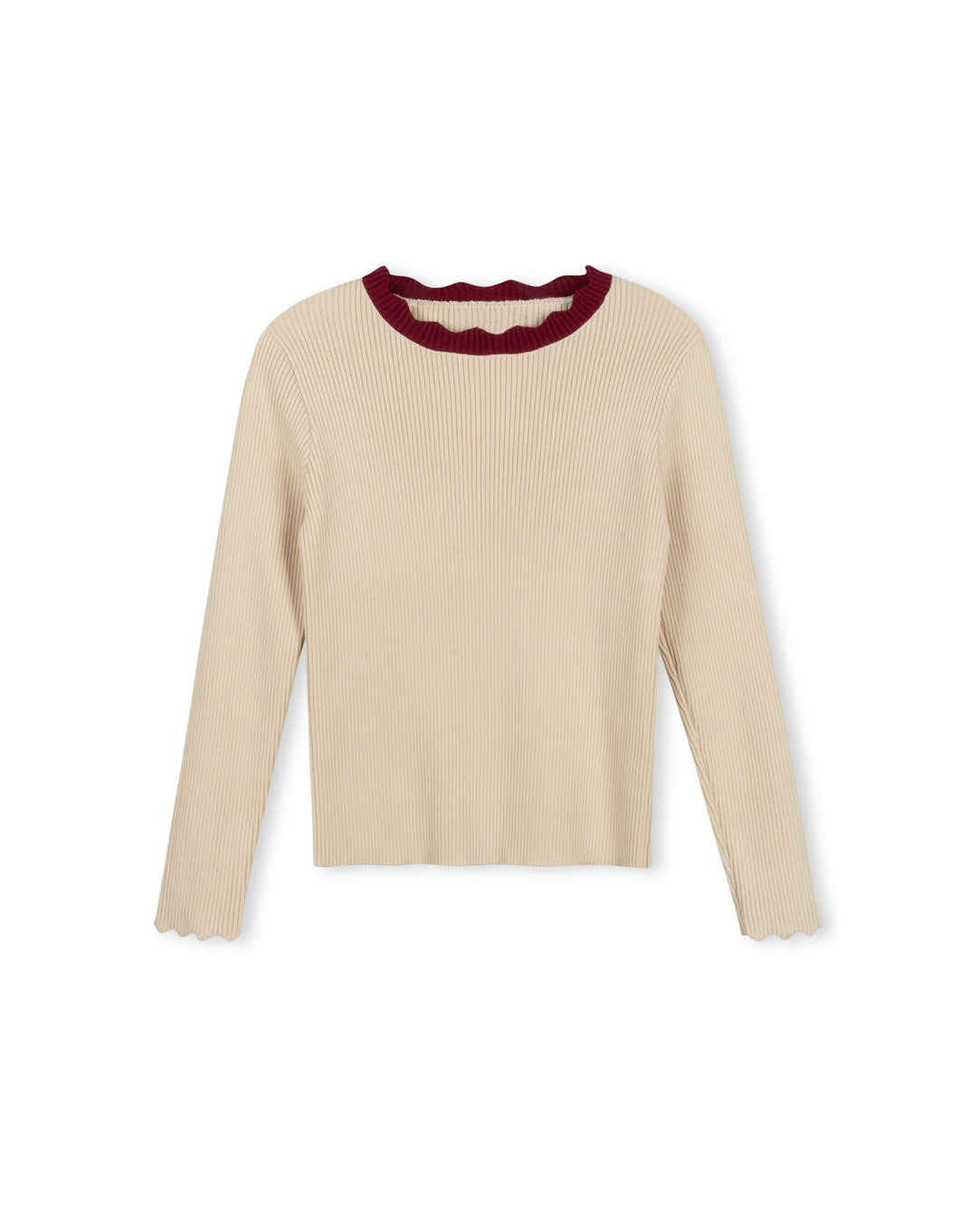 Thin Ribbed Scalloped Trim Sweater - Junees
